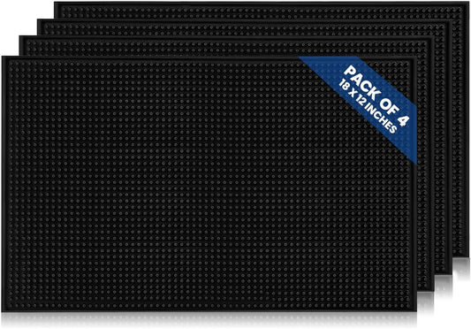Commercial Standard Bar Mats 4 Pack, 18 x 12 Inch Rubber Non Slip Service Mats for Cocktail Mixing, Coffee Bar Drying, Dish & Countertop Protection for Bars & Cafes (Black)