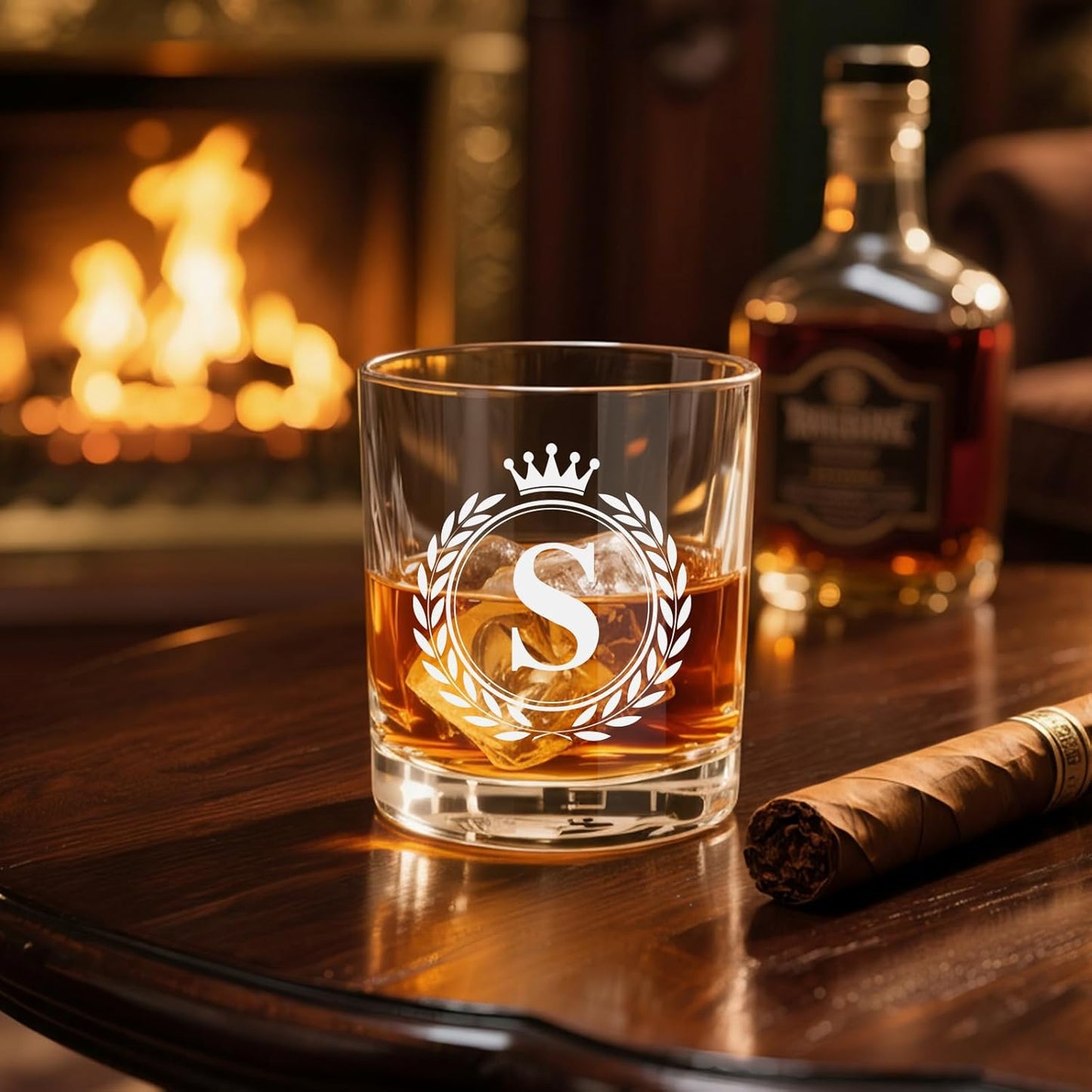 Personalized Whiskey Glasses Gifts for Men, Rocks Old Fashioned Glass, Monogrammed A-Z 10.3 oz Whisky Glasses, Fathers Day Birthday Gift for Him Dad Father Husband Brother Son (S)