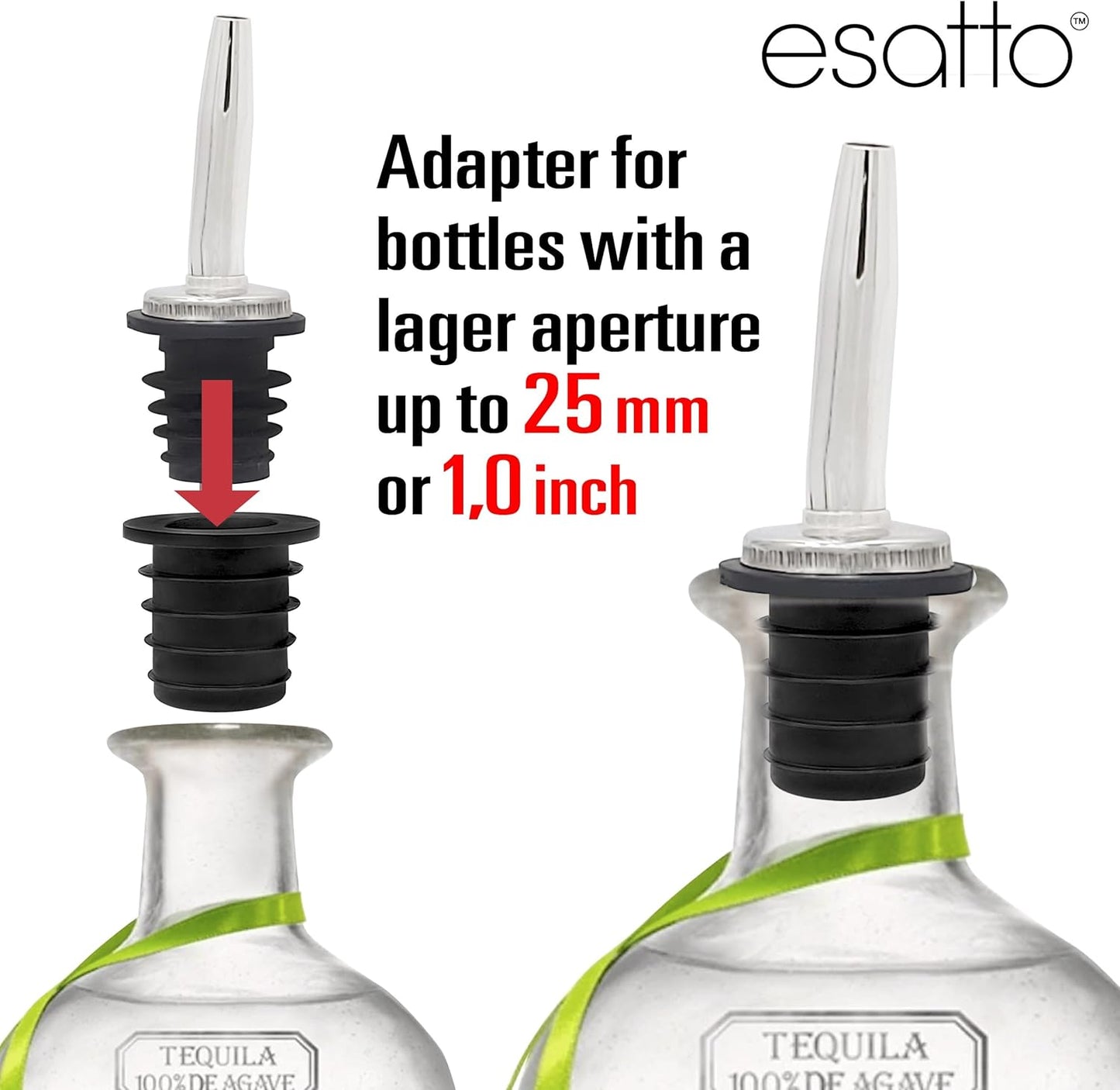 Esatto Liquor Pourer Adapters - 6 Pieces Set, Perfect for Large Olive Oil Bottles and Liquor Bottles - Up to 1 Inch/25mm Neck Converts Any Spout into a Large Pour Spout