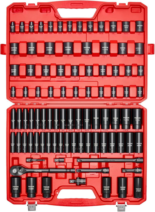 VEVOR 91-Piece 1/2" Drive Impact Socket Set, SAE (5/16" to 1-1/4") & Metric (8 to 32 mm), CR-V, Deep & Shallow, 6 Point, Ratchet Handle, Universal Joint, Adapters, Extension Bars (3, 5, 10 in)