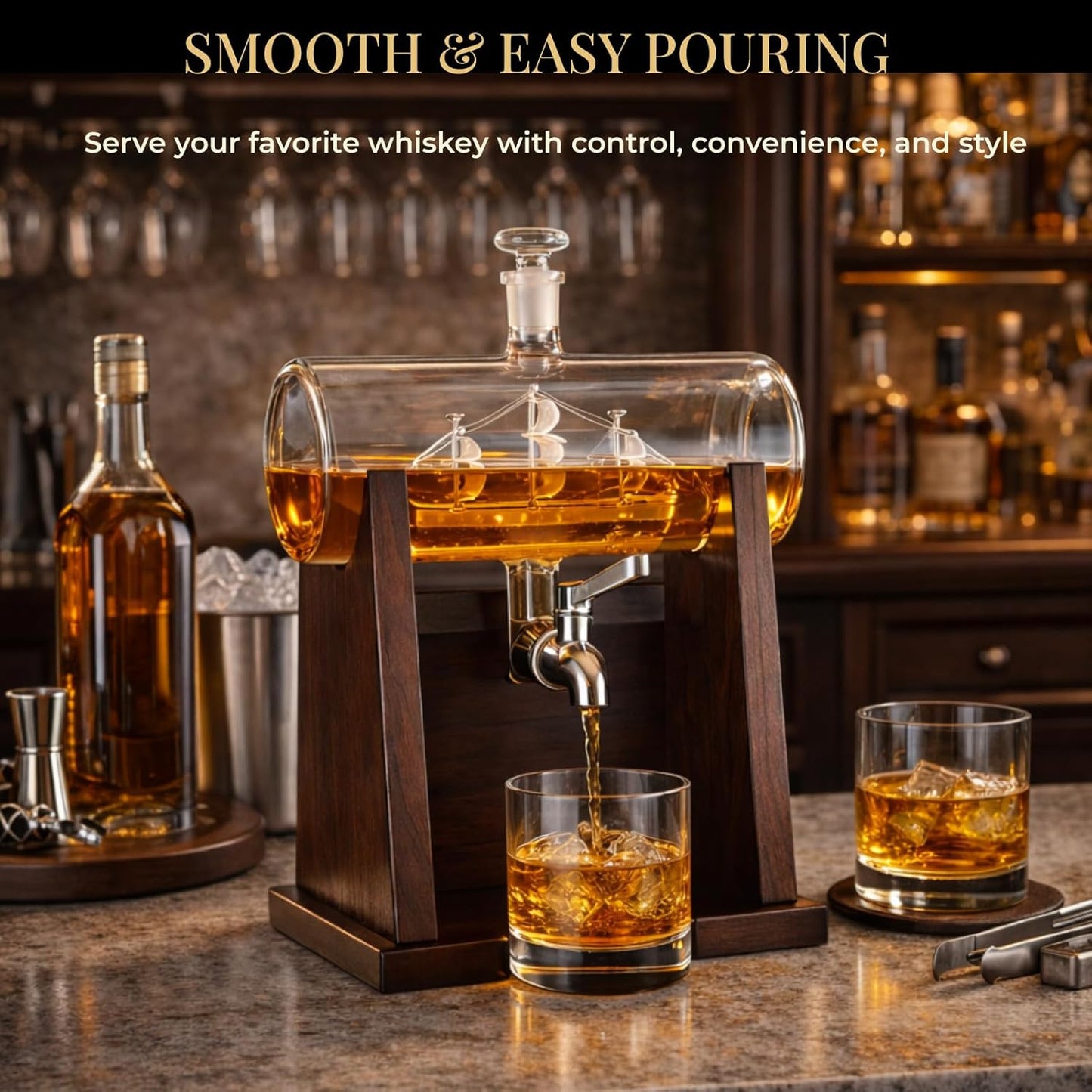 Jillmo Ship Whiskey Decanter Set for Men, 1250ml Liquor Decanter Gift with Ship Inside, 2 Whiskey Glasses & Wooden Stand, Bourbon Scotch Decanter Gift for Dad Husband Home Bar