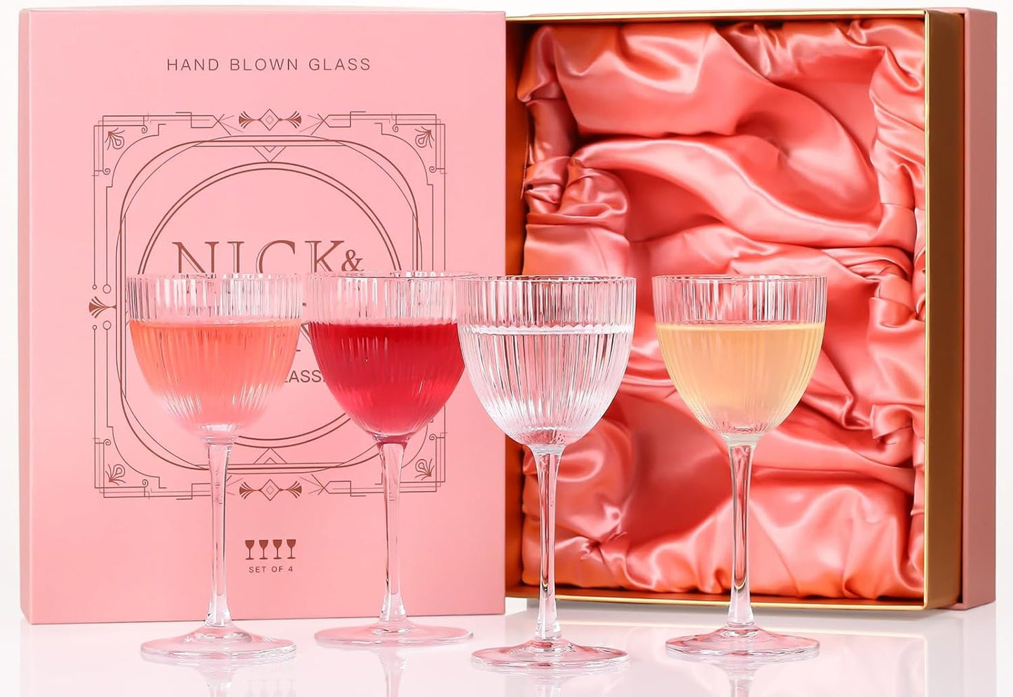 Nick and Nora Cocktail Glasses - Coupe Glasses Set of 4, Vintage Ribbed Martini Glassware, Crystal Cordial Cups for Whiskey, Gin, Vodka, Champagne, Mothers Day Gifts,Gifts for My Wife, 5 Oz