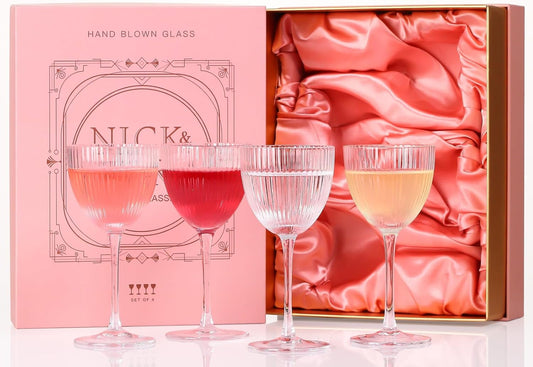 Nick and Nora Cocktail Glasses - Coupe Glasses Set of 4, Vintage Ribbed Martini Glassware, Crystal Cordial Cups for Whiskey, Gin, Vodka, Champagne, Mothers Day Gifts,Gifts for My Wife, 5 Oz