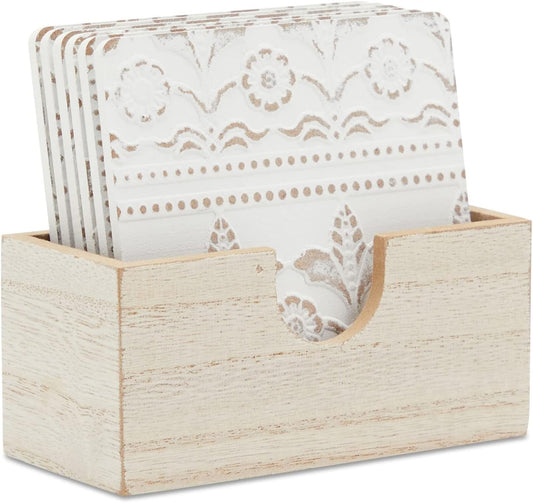 Juvale Wooden Coasters Set of 6-3.8 in, White, Square, Farmhouse Style - Coaster Holder for Coffee Table & Bar Decor - Kitchen & Living Room Decor