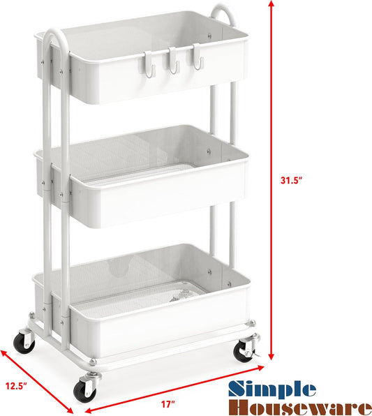 Simple Houseware 3-Tier Heavy Duty Metal Utility Rolling Cart, White