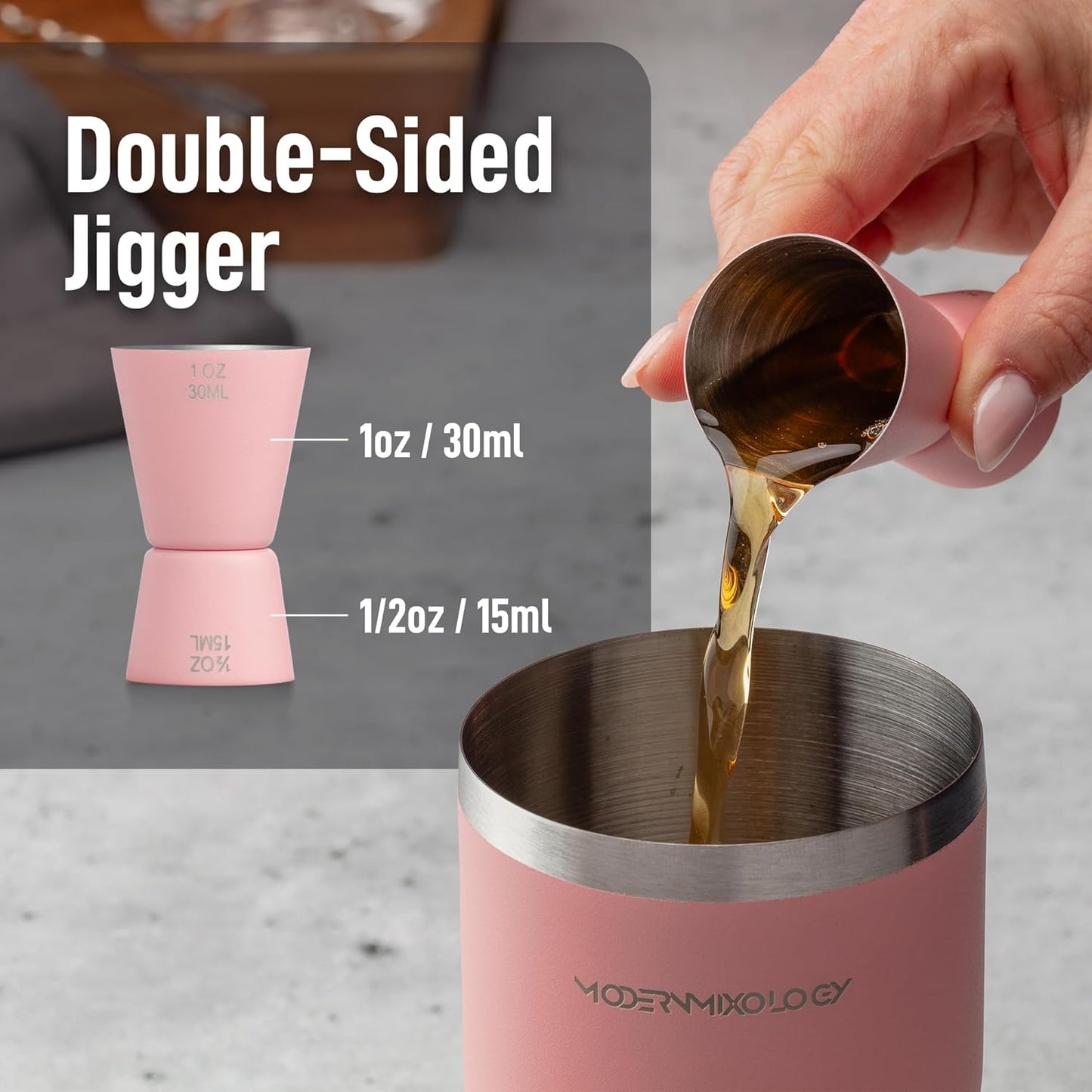 Modern Mixology 24oz Matte Pink Cocktail Shaker Set – Bartender Essentials with Built-In Strainer, Cap, Jigger for Martini, Margarita, Luxury Drink Mixer Kit for Bar, Gift for Men and Women
