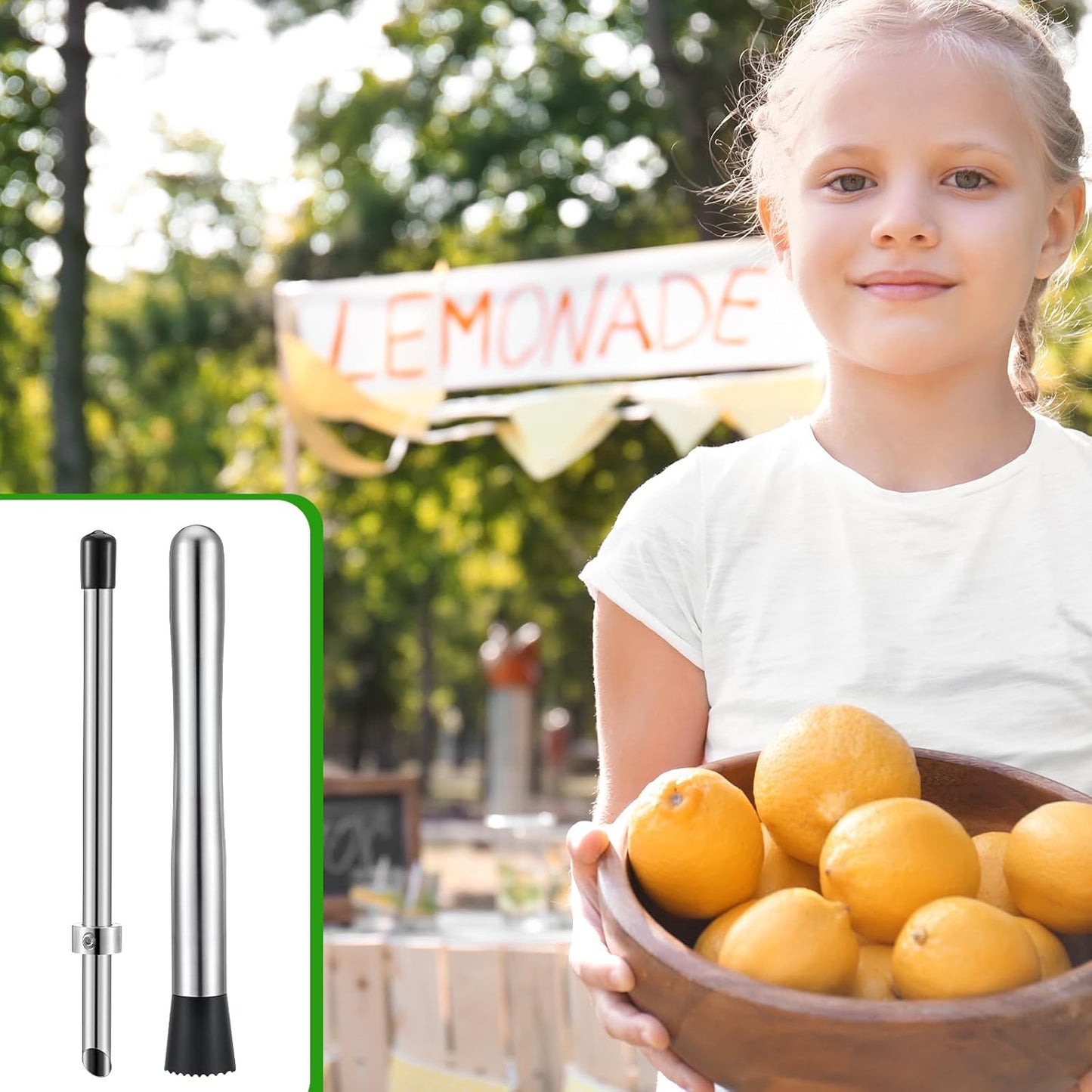 2 Pcs Straw Puncher and Muddler for Lemonade Plastic Lids Cups, Straw Hole Puncher, 304 Stainless Steel Muddler, Fresh Squeezed Lemonade Stand Supplies