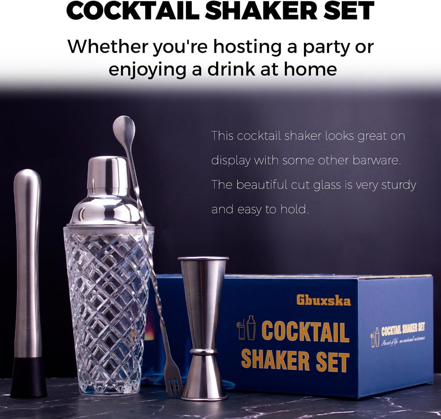 Cocktail Shaker Set, 14.2oz Glass Martini Shaker with Strainer - Includes Measuring Jigger, Mixing Spoon and Muddler - Perfect for Making Cocktails and Protein Shakes (Silver)