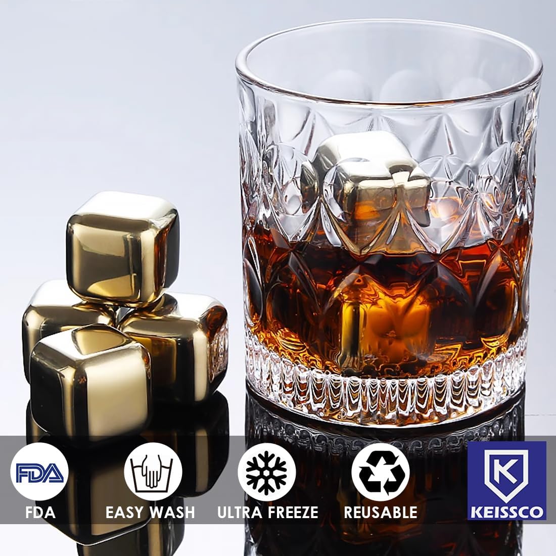 KEISSCO Stainless Steel Chilling Cubes Reusable Ice Cube Whiskey Stones for Drinks Beverage Jumbo Chilling Stones Set with Ice Tongs and Freezer Storage Tray for Whiskey, Gold Color Edition (8 Pack)