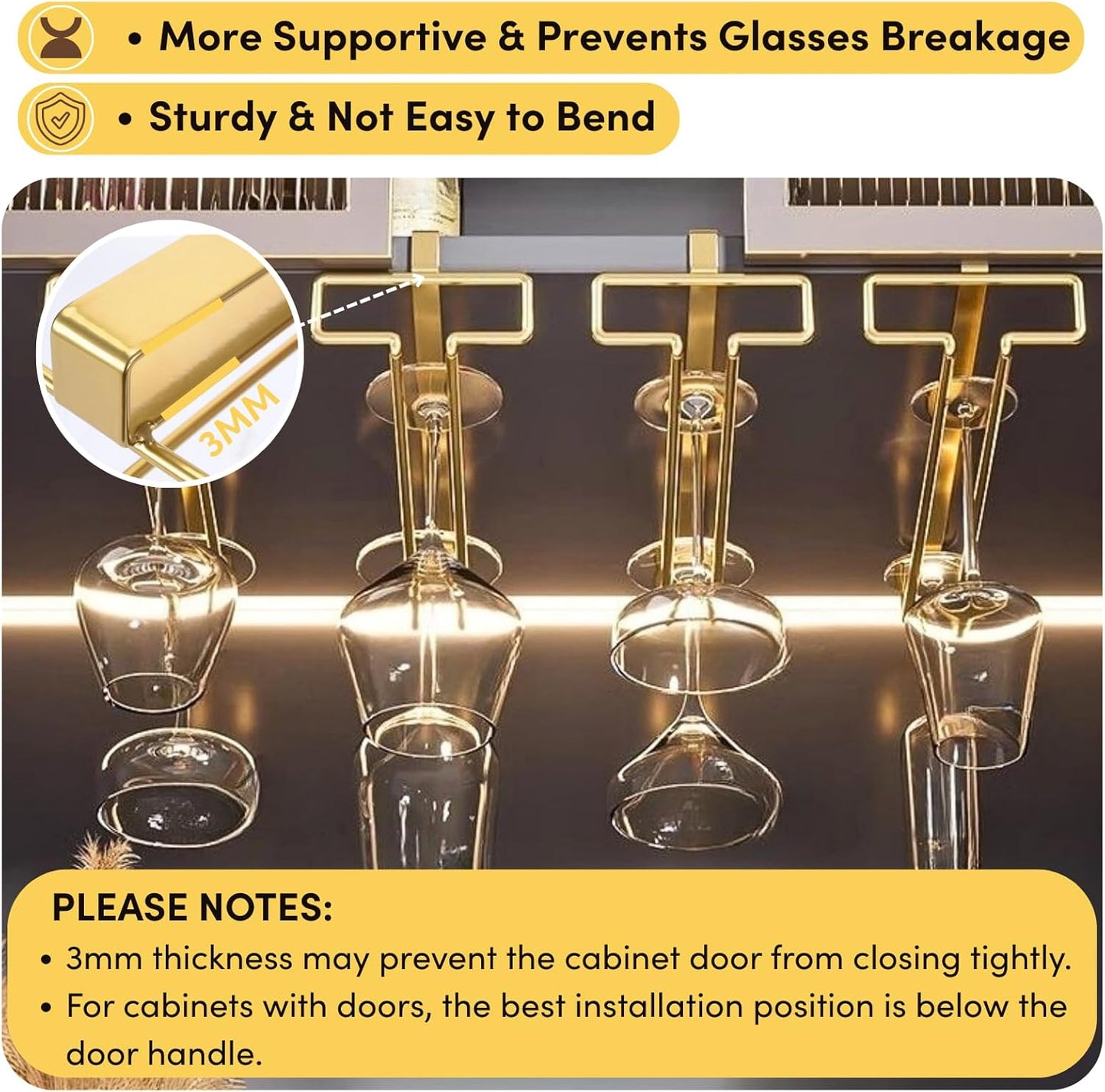 LINFIDITE Gold Under Cabinet Wine Glass Holder, 2 Pack, Space Saving, Easy Installation, Anti-Skid, Compact Design, Sturdy Materials, Affordable Gift