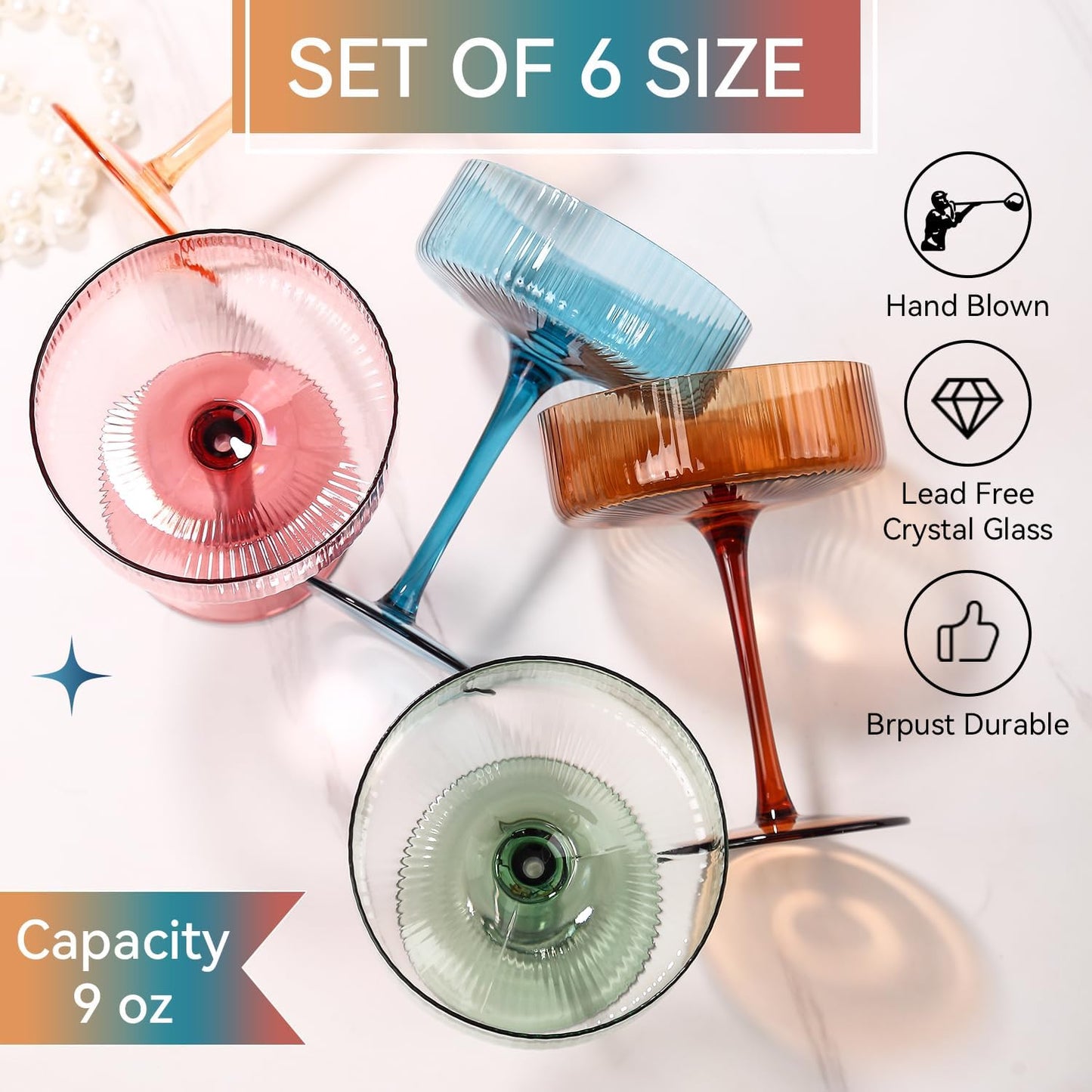 Colored Coupe Glasses Set of 6 |9 oz martini Glasses |Colorful Cocktail Glasses Set,Colored Coupe Glass,Champagne Coupe Glasses for Cocktail,Martini,Champagne