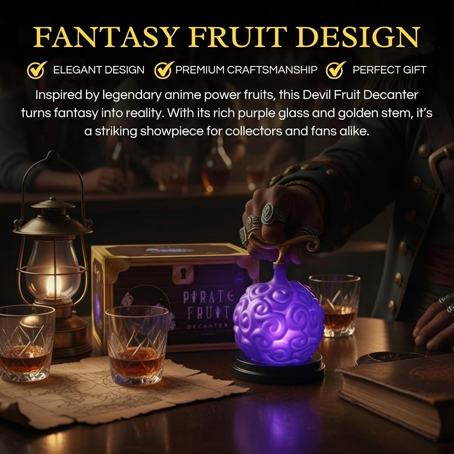 Anime Devil Fruit Decanter – Handcrafted Crystal Liquor Bottle, Mahogany Base | Home Bar Collectible Display | 34oz | Purple & Gold Fantasy Inspired Design, Whiskey Decanter Gifts Sets for Men