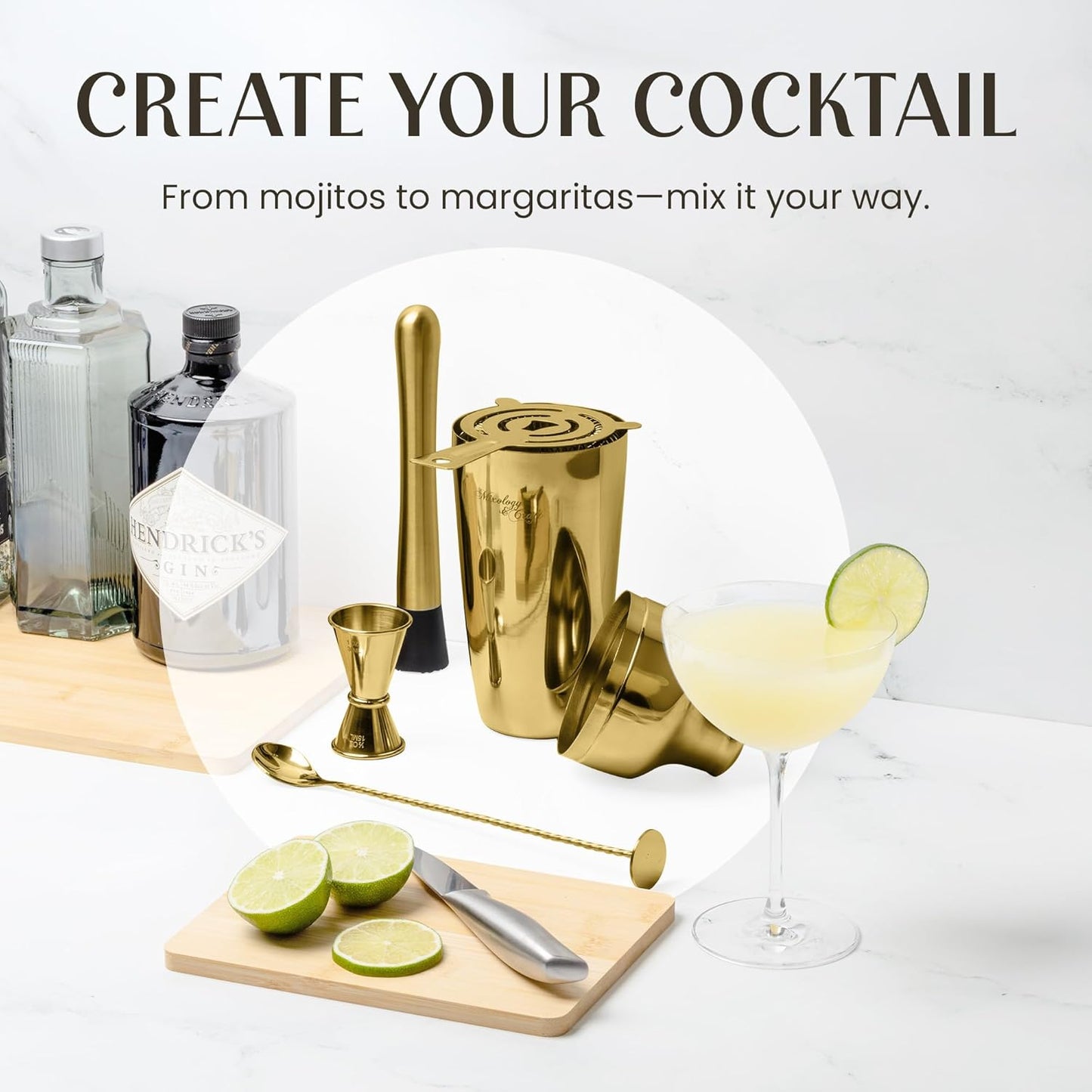Mixology & Craft Cocktail Shaker Set with Bamboo Stand - Professional 18oz 10-Piece Bartender Kit, Complete Bar Set for Home Use with Jigger, Muddler, Strainer, Spoon, Pourers & Corkscrew (Gold)