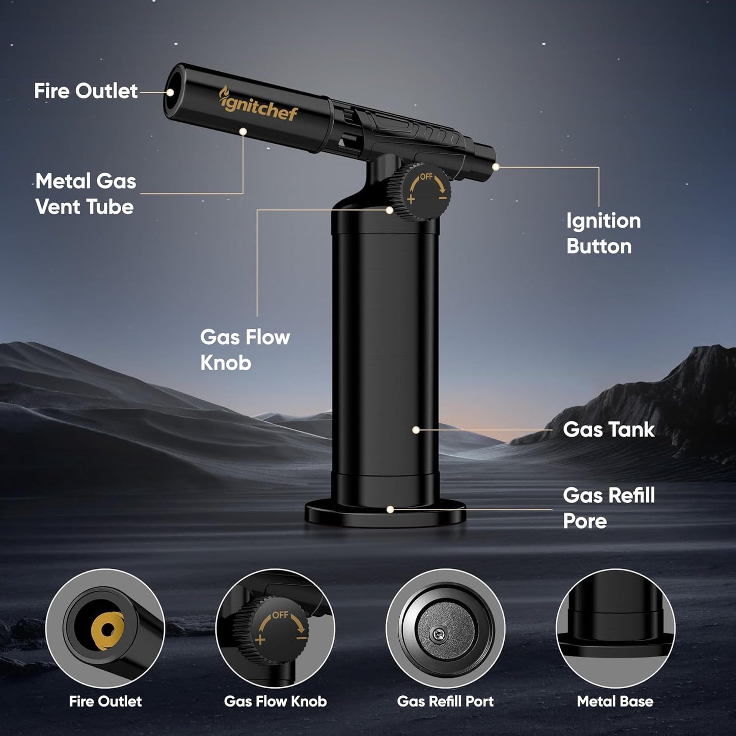 Metal Butane Torch Lighter, Refillable Kitchen Torch, Creme Brulee Torch with Adjustable Flame, Continuous Mode for Grilling Steaks, Barbecuing (PHQ-408-New)