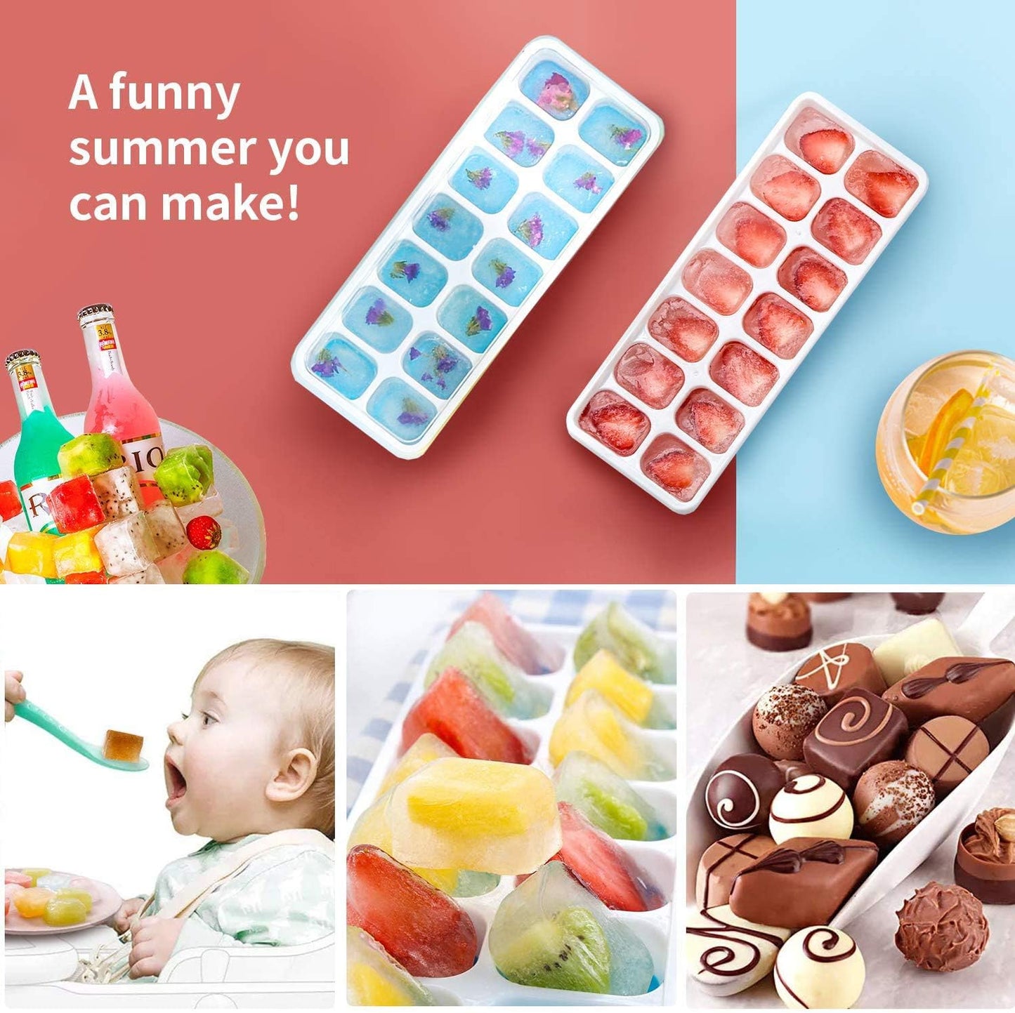Ice Cube Trays 4 Pack, Airabc Silicone with Removable Lid, Easy-Release Flexible 14-cube Trays, LFGB Certified and BPA Free, Stackable Covers for Cocktail, Freezer