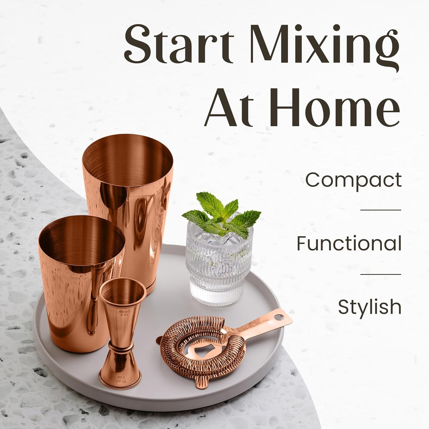 Mixology & Craft Boston Shaker Set with Weighted Martini Mixers, Strainer, Japanese Jigger, Leak-Proof Copper Finish, Exclusive Recipe Cards – Ideal Bar Tools Gift for Home Or Professional Use