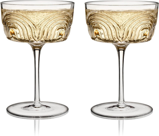Viski Beau Cocktail Coupe Glasses, Unique Cocktail Glasses Crystal Drinkware, 7.5oz. Cocktail Glasses Stem Vintage Wine Glasses Inspired Set of 2
