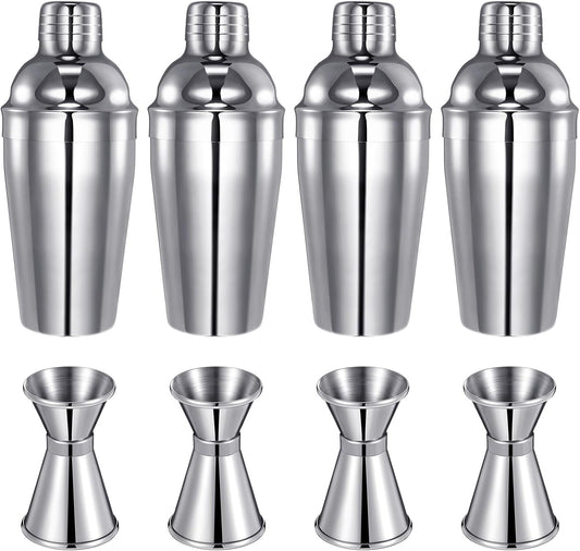 Umigy Cocktail Shaker Set Martini Shaker Bulk Stainless Steel Martini Mixer with Strainer and Double Measuring Jigger for Bar Party Home Use Wine Bar(18 Oz/ 550 ml,4 Packs)