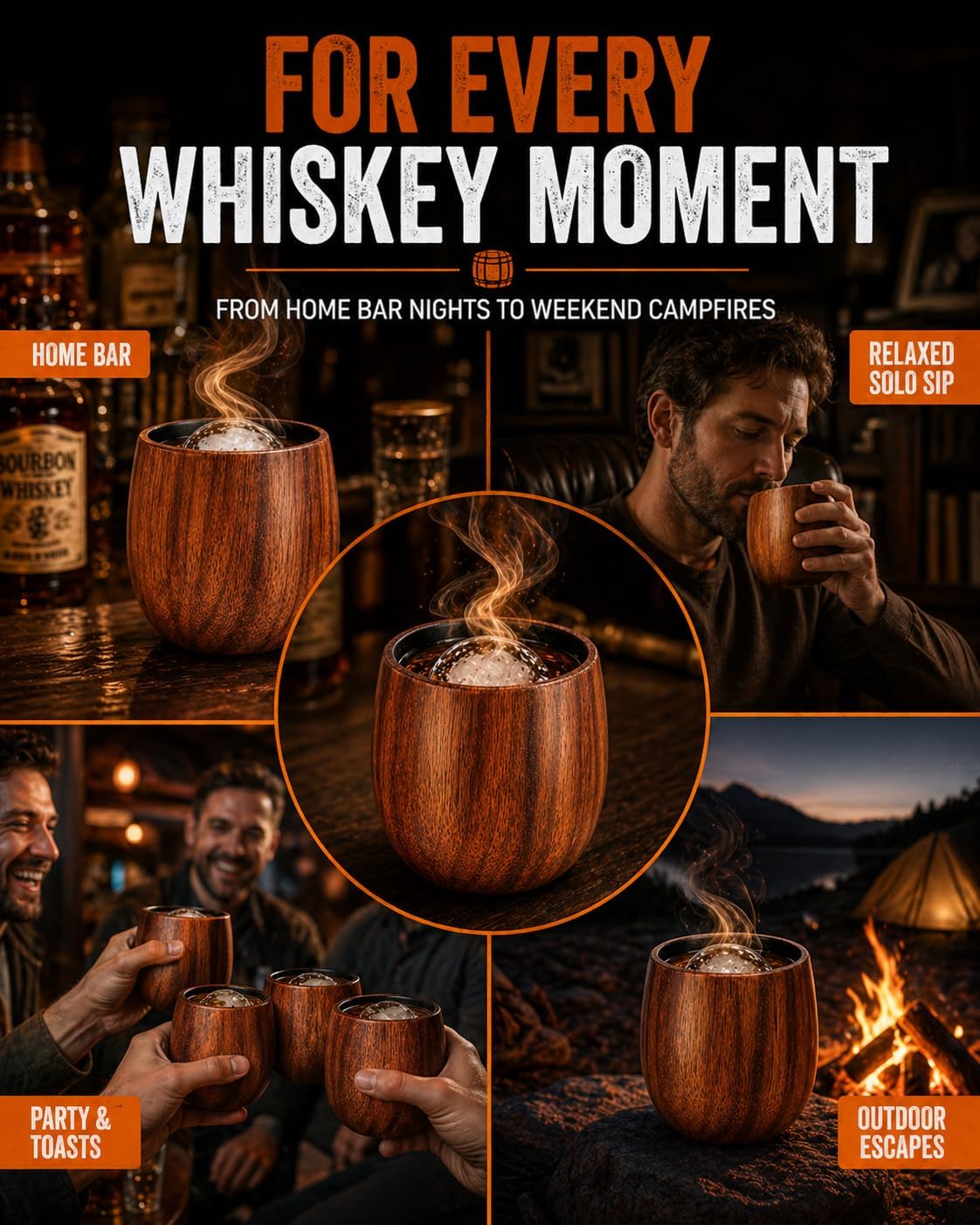 Charred Wooden Bourbon Drinking Glass Set,USA Design 11oz Handcrafted Premium Acacia Whiskey Tumbler, 2 Stones & 1 Ice Ball Molds,Charred Old Fashioned Glass,Unique Bourbon Gifts for (1 Pack Charred)