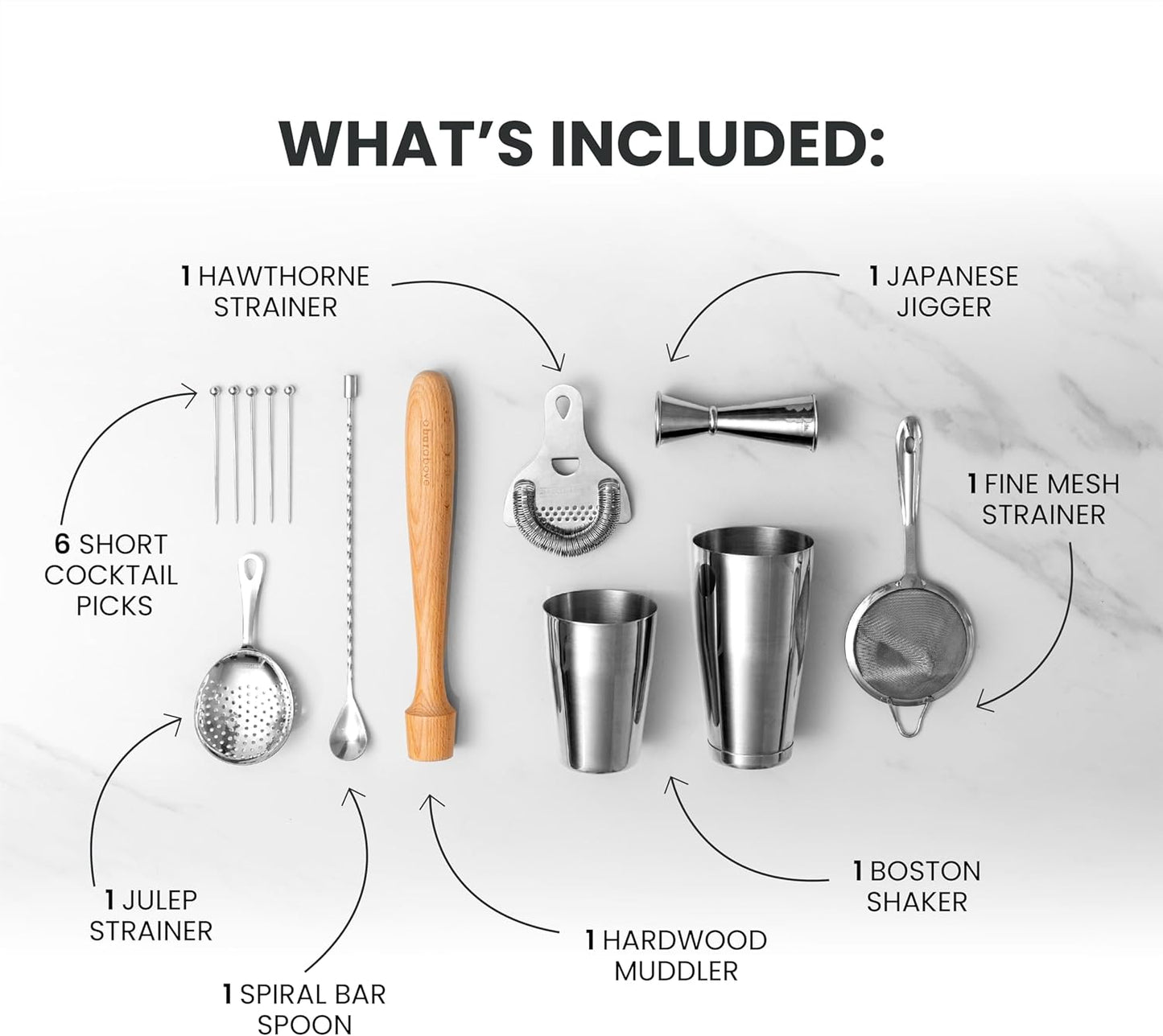 A Bar Above 14-Piece Stainless Steel Bartender Kit, Premium Professional Barware Set for Home Bars and Mixologists, Includes Cocktail Shaker, Jigger, Spoon, Strainers, Muddler, Picks, and More