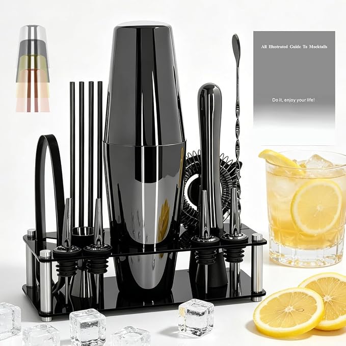 Professional Cocktail Shaker Set with Stand Cocktail Recipes, 15-Piece 750/600ml Bartender Kit, Bar Sets Bartending Kit Bar Tool Set 25/20oz Boston Shakers, Jigger, Muddler (Rose Gold) - B0F37VYD5R