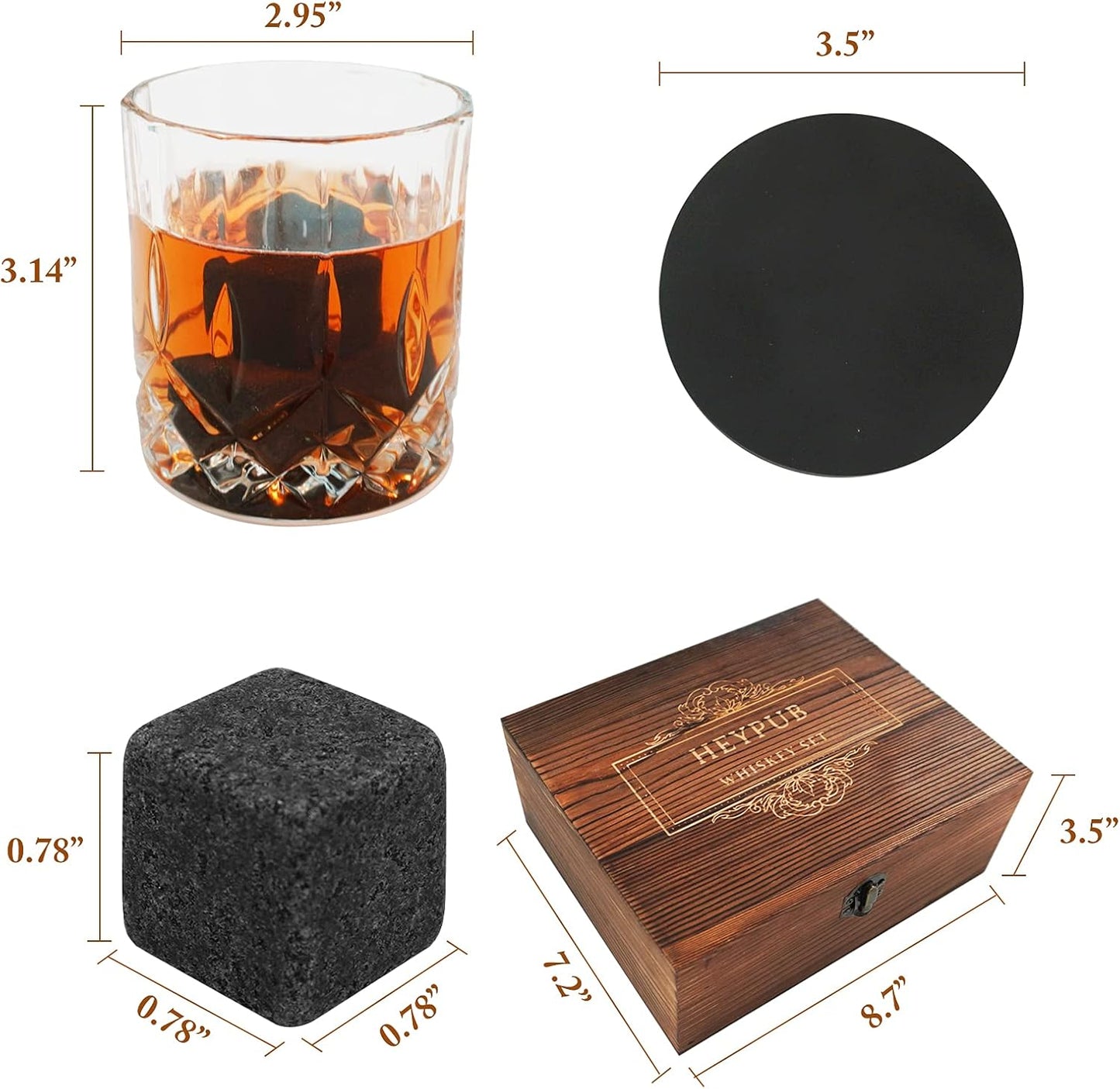 Whiskey Stones Gift Set,Whiskey Glasses Set 8 Granite Chilling Whisky Rocks, 2 Bourbon Glasses,Best Drinking Gifts for Men Dad Husband Birthday Anniversary Present，Plus 2 Free Coasters.