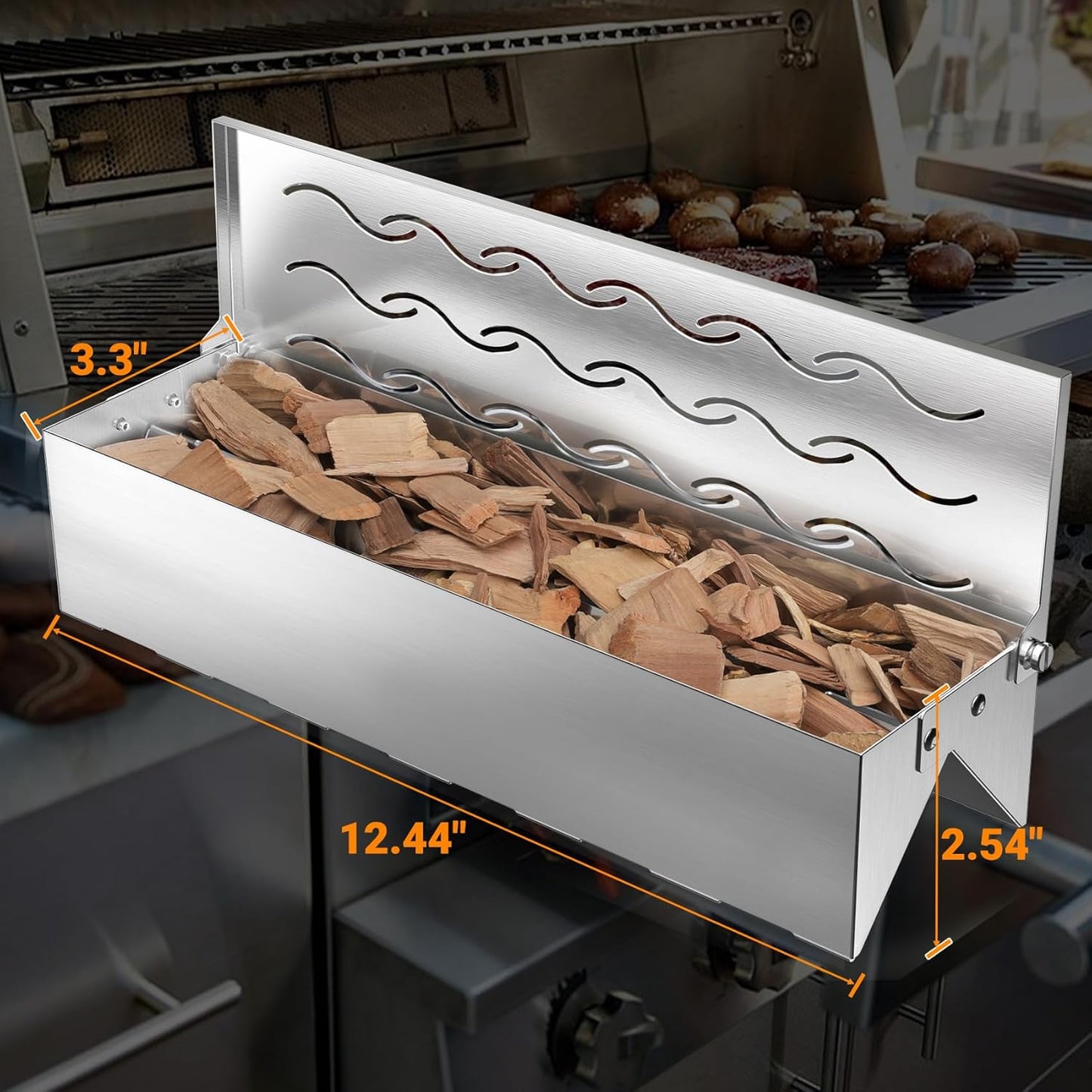 Skyflame Wood Chip Smoker Box, Stainless Steel Double V-shape BBQ Smoke Box with Hinged Lid for Charcoal & Propane Gas Grill, 12.5"(L) x 3.3"(W) x 2.5"(H), U.S. Design Patent