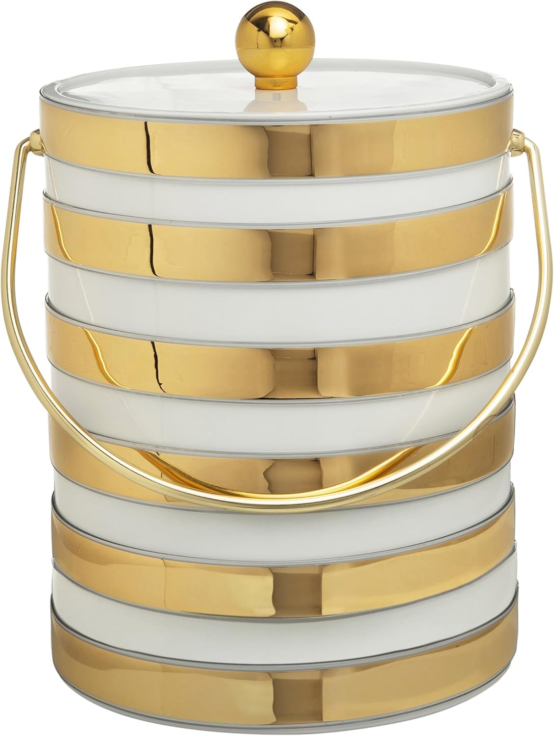 Made In USA Metallic Deco Collection Double Walled Insulated Ice Bucket With Ice Tongs (5-Quart, White & Gold Stripes)