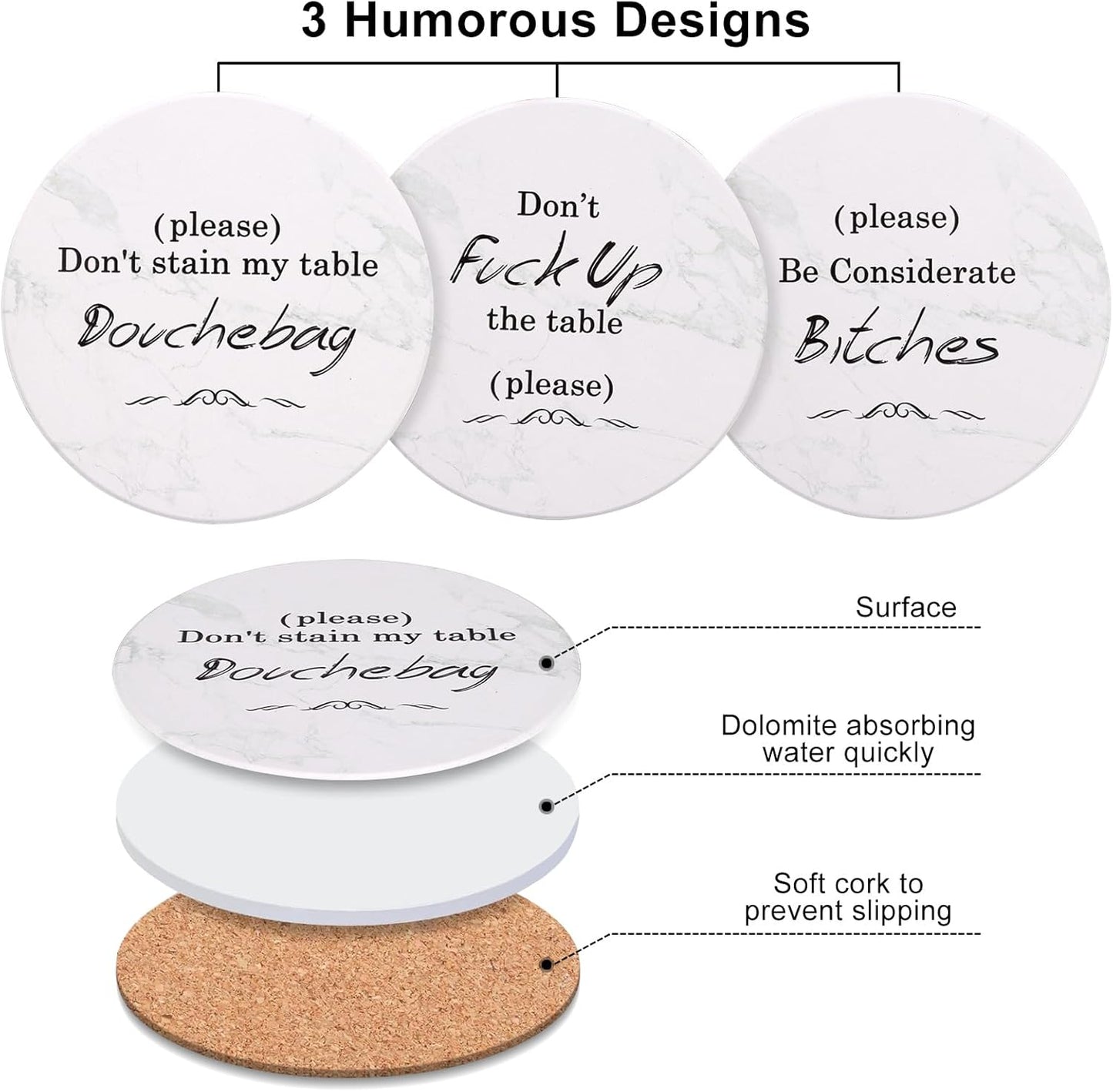 White Elephant Gifts for Adults, Funny Christmas Coasters Set of 6 with Holder Christmas Stocking Stuffers for Men Women, Best Absorbent Round Ceramic Coasters for Coffee Table, Drink, Beer, Bar, Wine