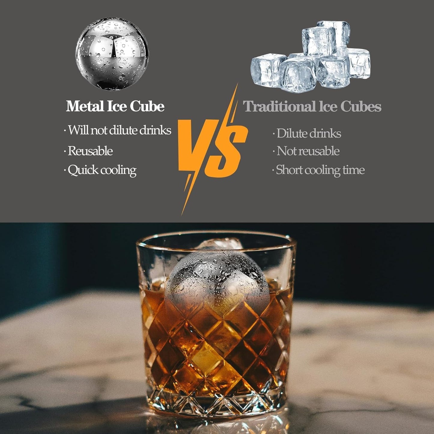 Reusable Ice Cubes & Metal Chilling Stones 304 Stainless Steel Whiskey Balls XL Extra Large Whiskey Ice Stones Set of 4 Silver Ball 2.2" (55 mm) Whiskey Gifts