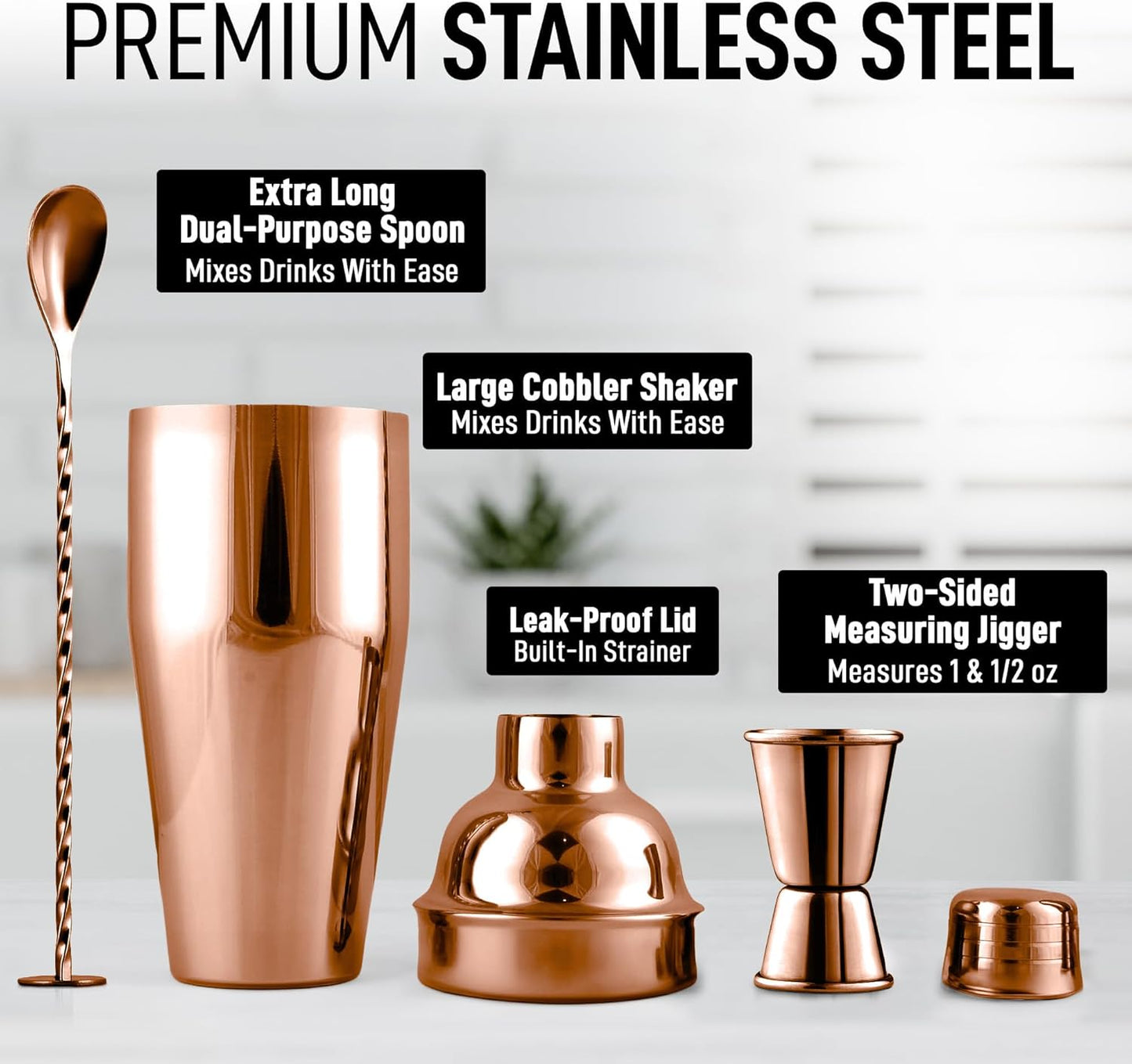 Zulay Cocktail Shaker Set - Stainless Steel Mixed Drink Shaker - Martini Shaker Set with Build in Strainer, Double Sided Jigger & Muddler Combo Mixing Spoon - Pro Margarita Shaker - Large 24oz