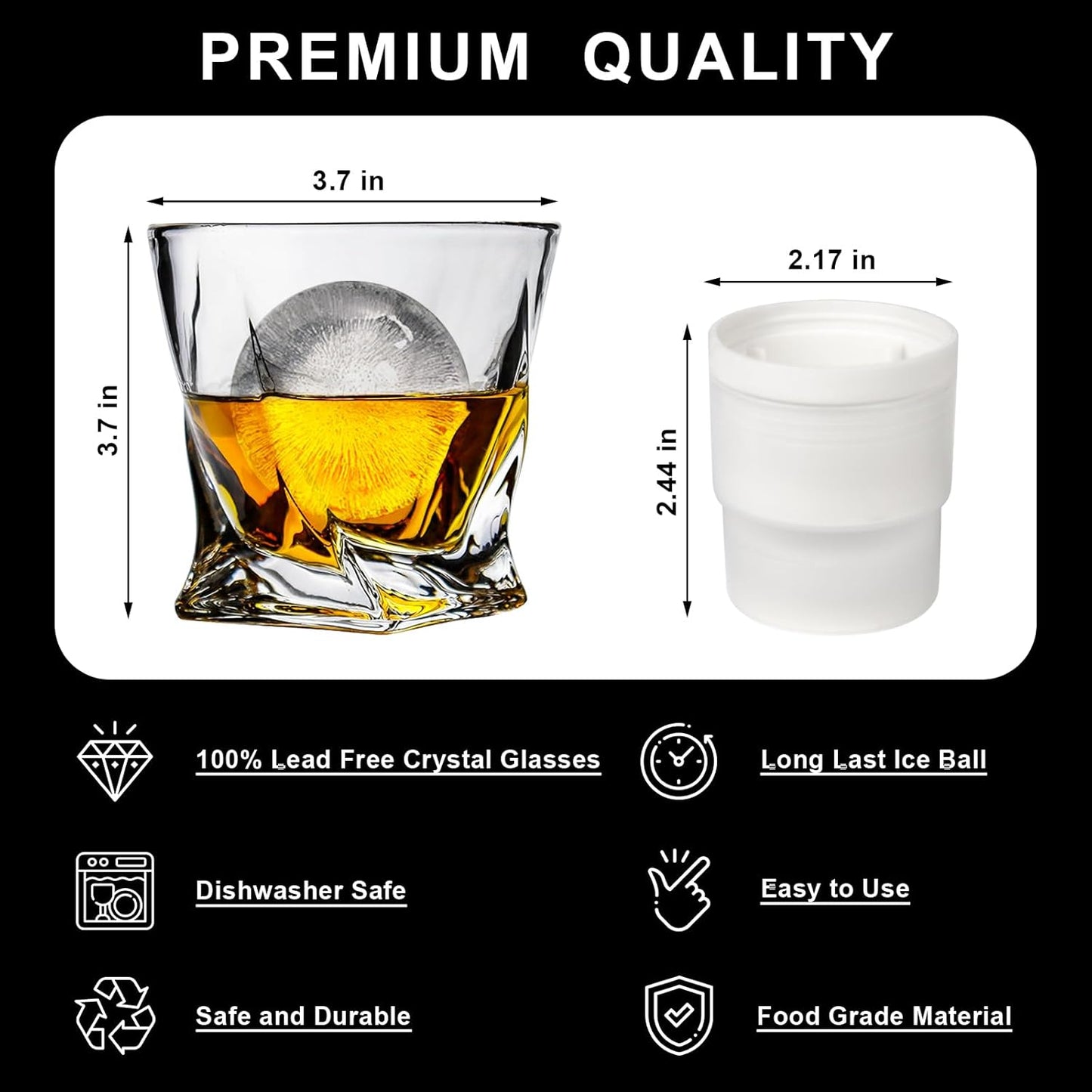 Whiskey Glasses Set of 4 with Ice Ball Molds, 11 OZ Old Fashioned Glasses, Twisted Style Bourbon Glasses Premium Barware for Whiskey, Scotch, Cognac - Gifts for Men