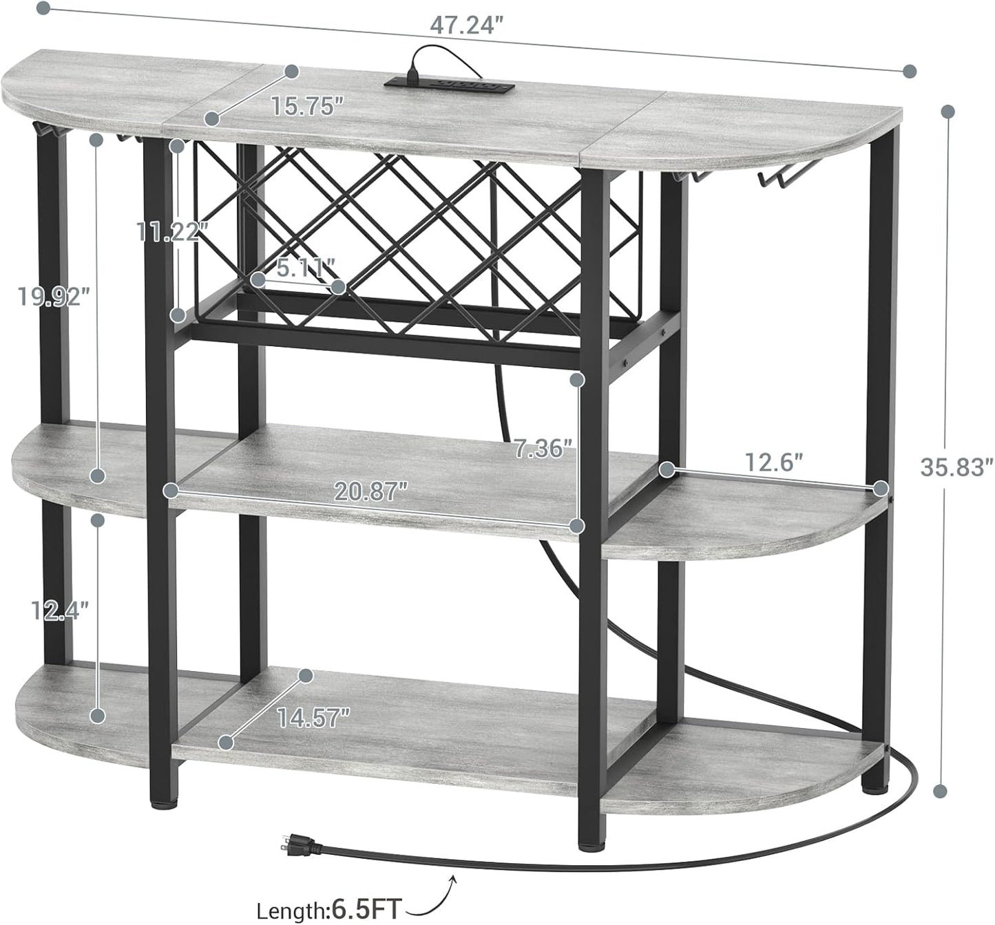 Unikito 4-Tier Metal Coffee Bar Cabinet with Outlet and LED Light, Freestanding Floor Table for Liquor Glass Holder Wine Rack Storage, Bakers Kitchen Dining Room, White Oak