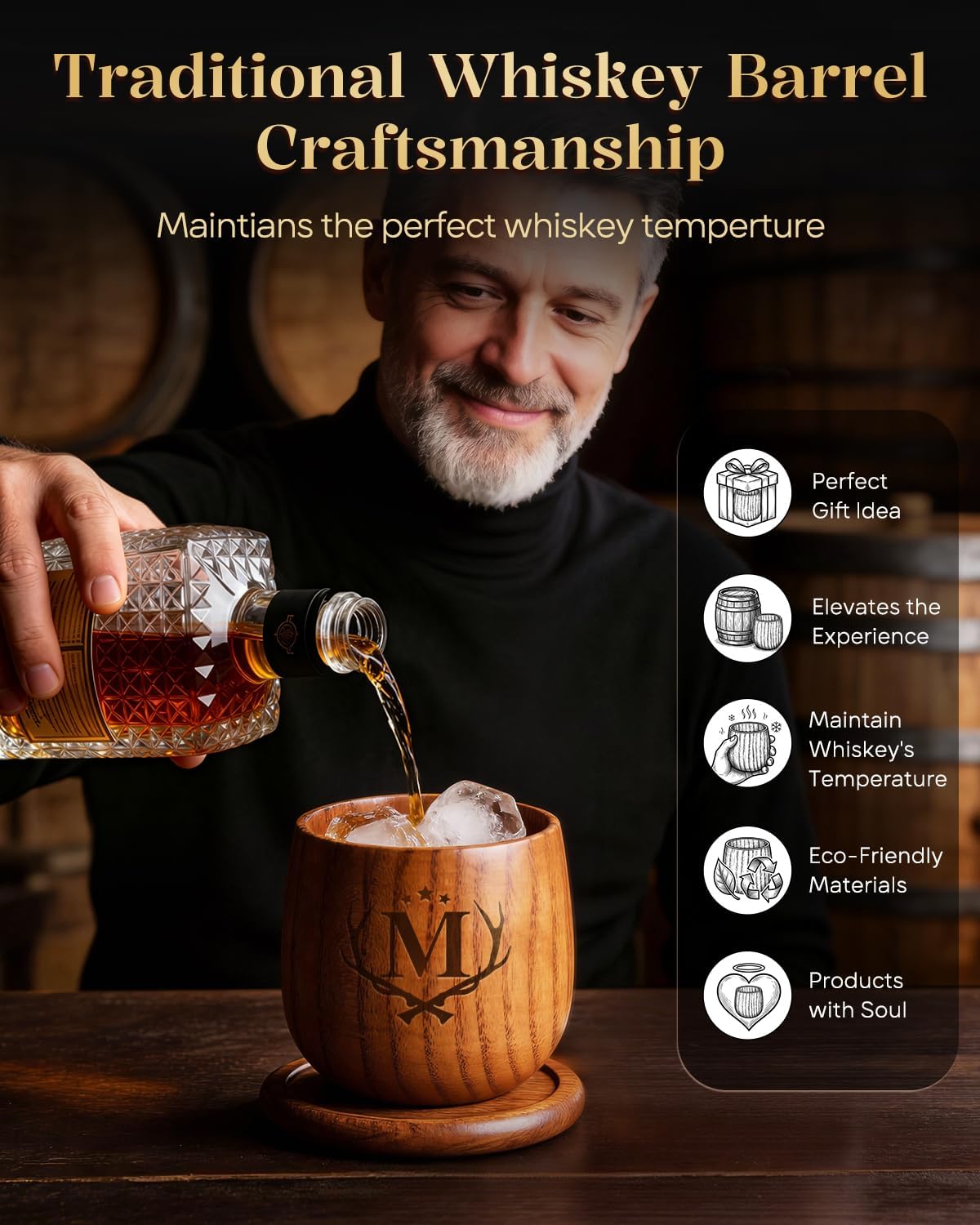 Father's Day Whiskey Glasses Birthday Gifts for Men Personalized Bourbon Glasses Engraved Wood Whiskey Tumbler Gifts for Men Him Husband Dad Whiskey Lovers Letter M Initial Bourbon Drinking Glass Cup