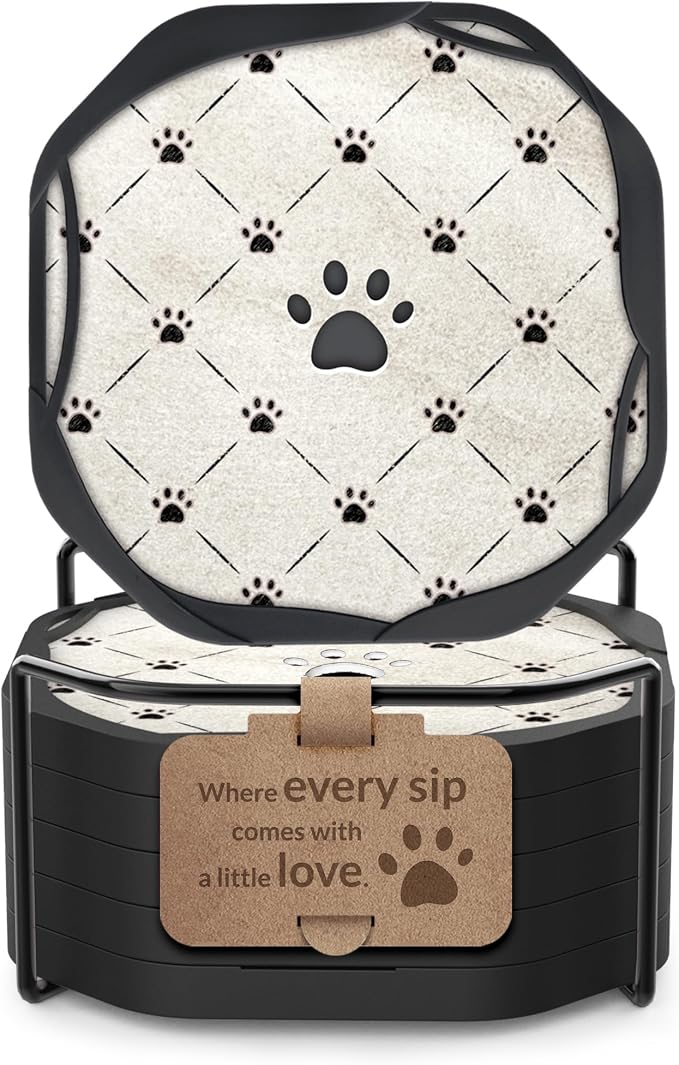 UMIRRO Absorbent Felt & Silicone Coasters Set of 6 with Holder, Blue Coast - 08. Pet Lovers Series - Little Love Paw