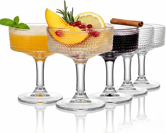 ZOOFOX Set of 6 Coupe Glasses, 7 oz Vintage Cocktail Coupe Glasses Set, Crystal Martini Glasses with Stem, Embossed Bar Drinking Glasses Set for Espresso Martini, Cosmopolitan, Manhattan, Gimlet