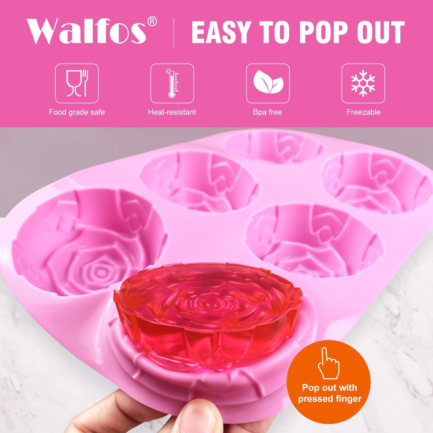 Walfos Rose Ice Cube Mold 2.8 Inch,Soap Mold, Make 12 Cute Flower Shape Ice. BPA Free and Dishwasher Safe.Easy to Pop Out.Perfect for Soap Cocktails Juice Whiskey Jelly Chocolate etc.(Set of 2 Pink)