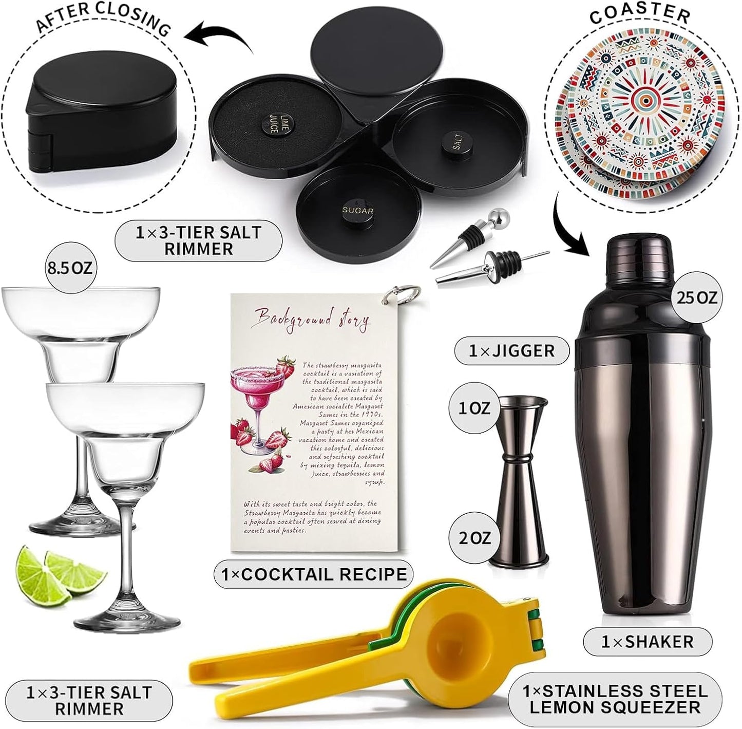 Margarita Kit - Set of 2 Margarita Glasses (8.5oz), 3-Tier Salt Rimmer, Stainless Cocktail Shaker & Jigger, Coasters，Cocktails Cards，Citrus Squeezer and More - Margarita Kit Gift Set