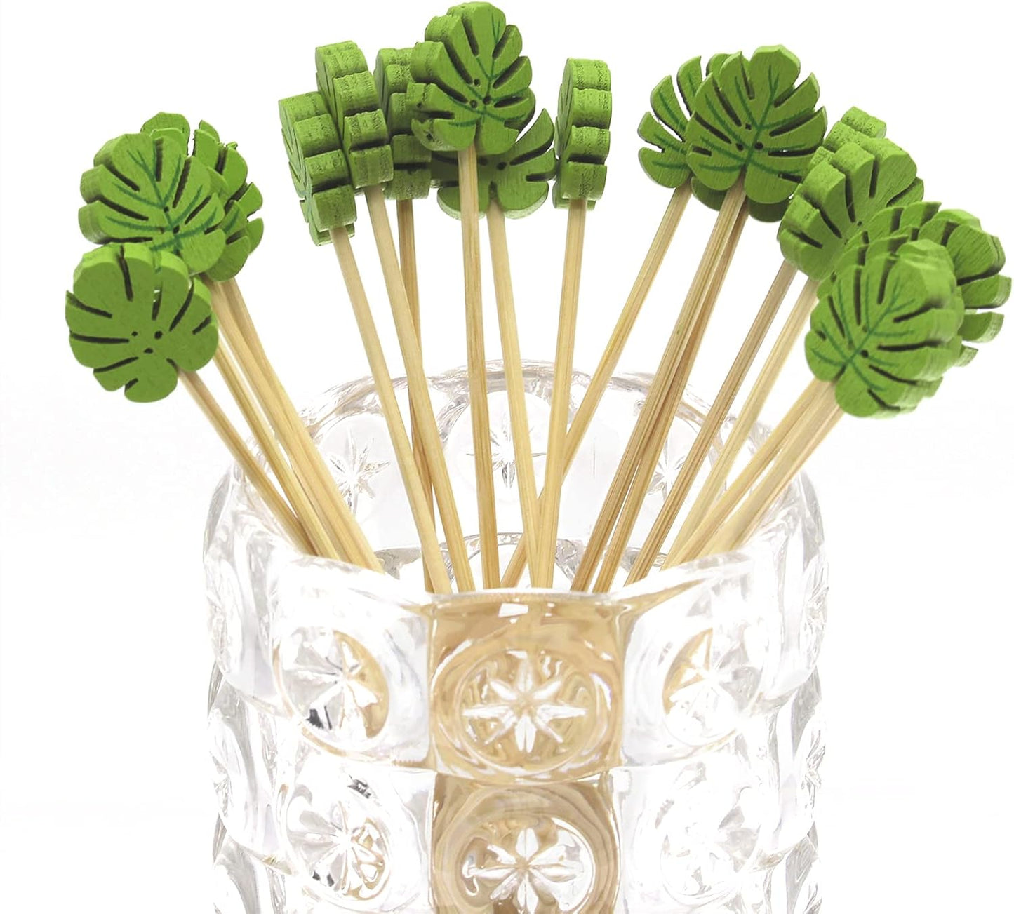 Minisland Green Monstera Leaf Cocktail Picks, 5 Inch Long Bamboo Fancy Toothpicks for Appetizers, Decorative Summer Tropical Hawaiian Party Food Drinks Garnish Fruit Skewer Sticks 100 Counts -MSL174