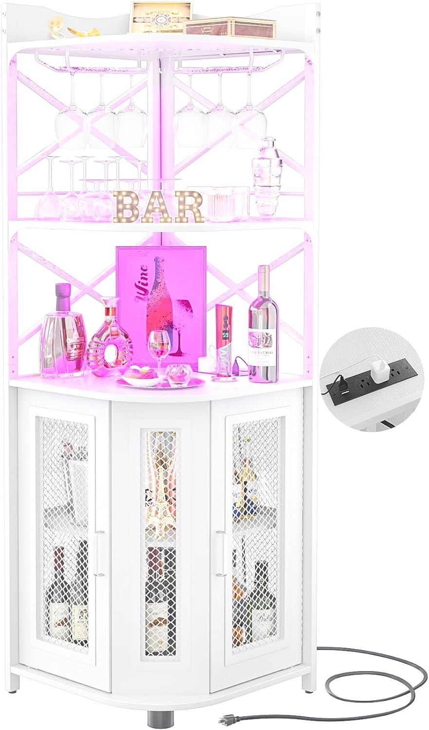 Aheaplus Corner Bar Cabinet with Power Outlet, Industrial Liquor Cabinet - White