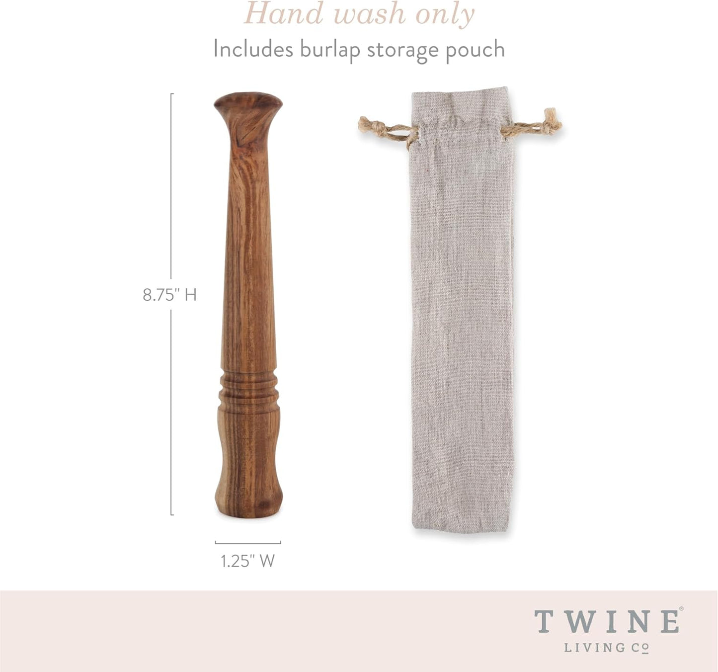 Twine Acacia Wood Mojito Muddler for Cocktails with Jute Storage Pouch, Bar Accessories, Cocktail Muddler, Drink Muddler, Set of 1, Wood Grain