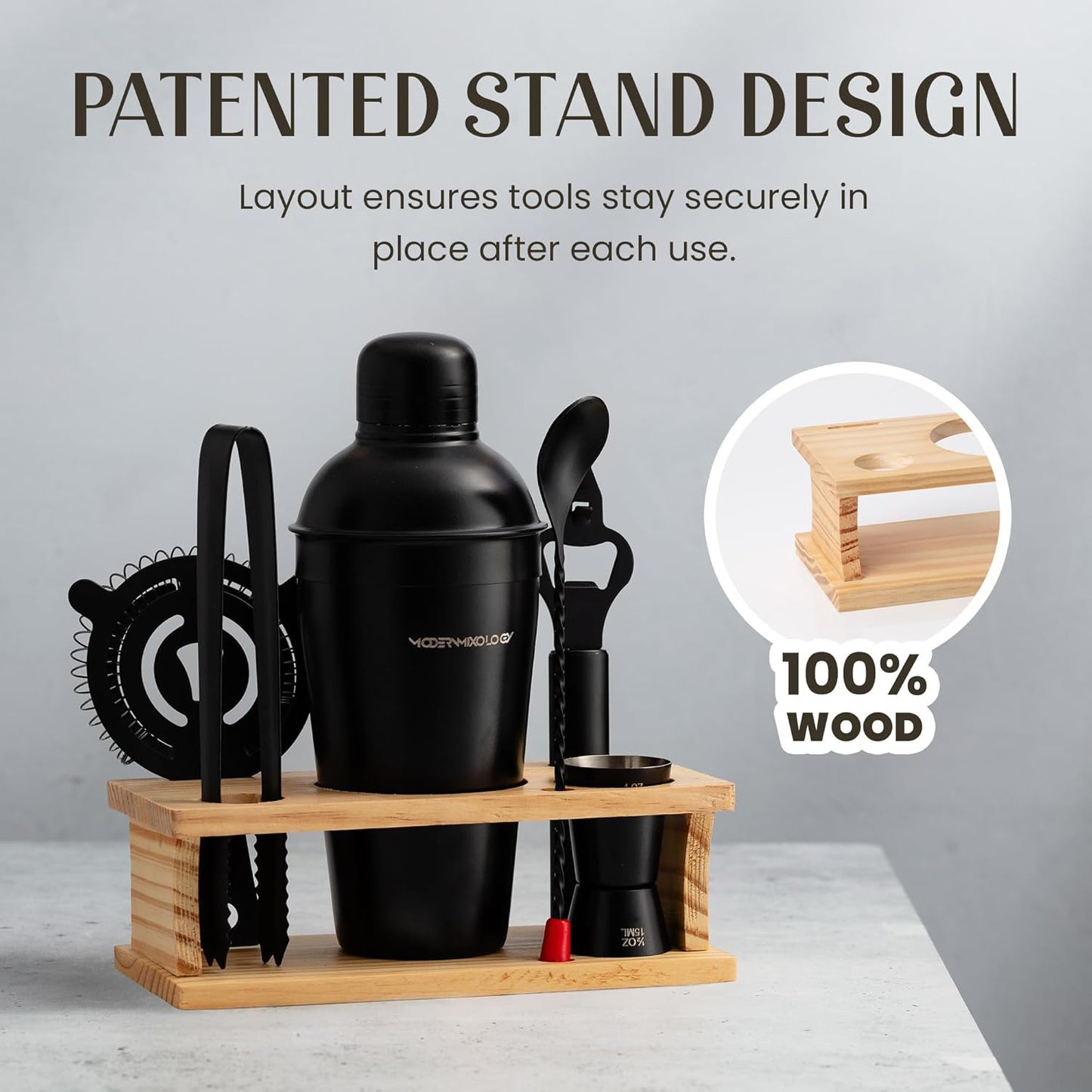 Modern Mixology Cocktail Shaker Set - Bartender Kit with Pine Stand | Leak-Proof Design | Includes Martini Shaker, Jigger, Strainer, Spoon, Tongs | Perfect Bar Tools Gift for Home Mixology (Black)