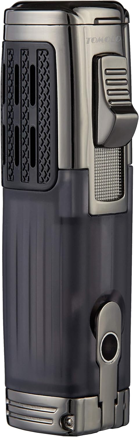 TOMOLO Cigar Lighter Triple Jet Flame Torch Lighter Refillable Butane Lighter with Cigar Punch, 2 Pack, Charcoal