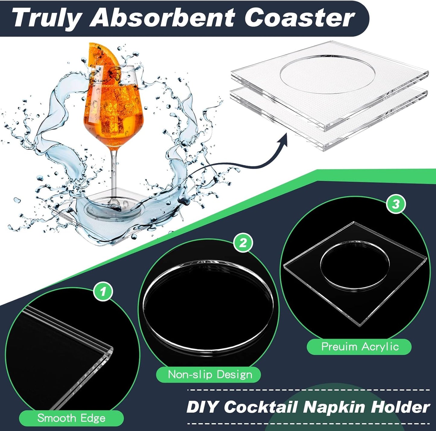 Weecent 8 Pack Acrylic Coasters DIY Cocktail Napkin Holder Clear Water Resistant Shatterproof Coaster for Any Holidays Occasions Home Office Decor and Protect Table
