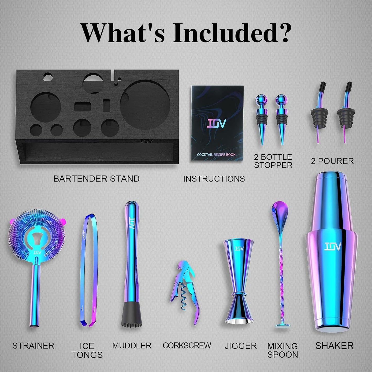 IOV Cocktail Shaker Set: 12-Piece Mixology Bartender Kit Bar Set | 18oz & 28oz Boston Shaker Drink Mixing Tools for Home with Recipe Booklet and Stand | Fun Housewarming Gift (Rainbow)
