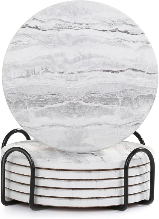 Acejoz Drink Coasters with Holder for Coffee Table, Absorbent Coaster Set of 6, Marble Style Ceramic Coaster for Wooden Table, Suitable for Kinds of Cups, Home Decor, 4 Inches