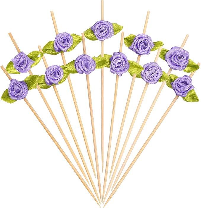 Minisland Multicolor Rose Flower Bamboo Cocktail Picks, Fancy Toothpicks - MSL226-Purple Rose Toothpicks