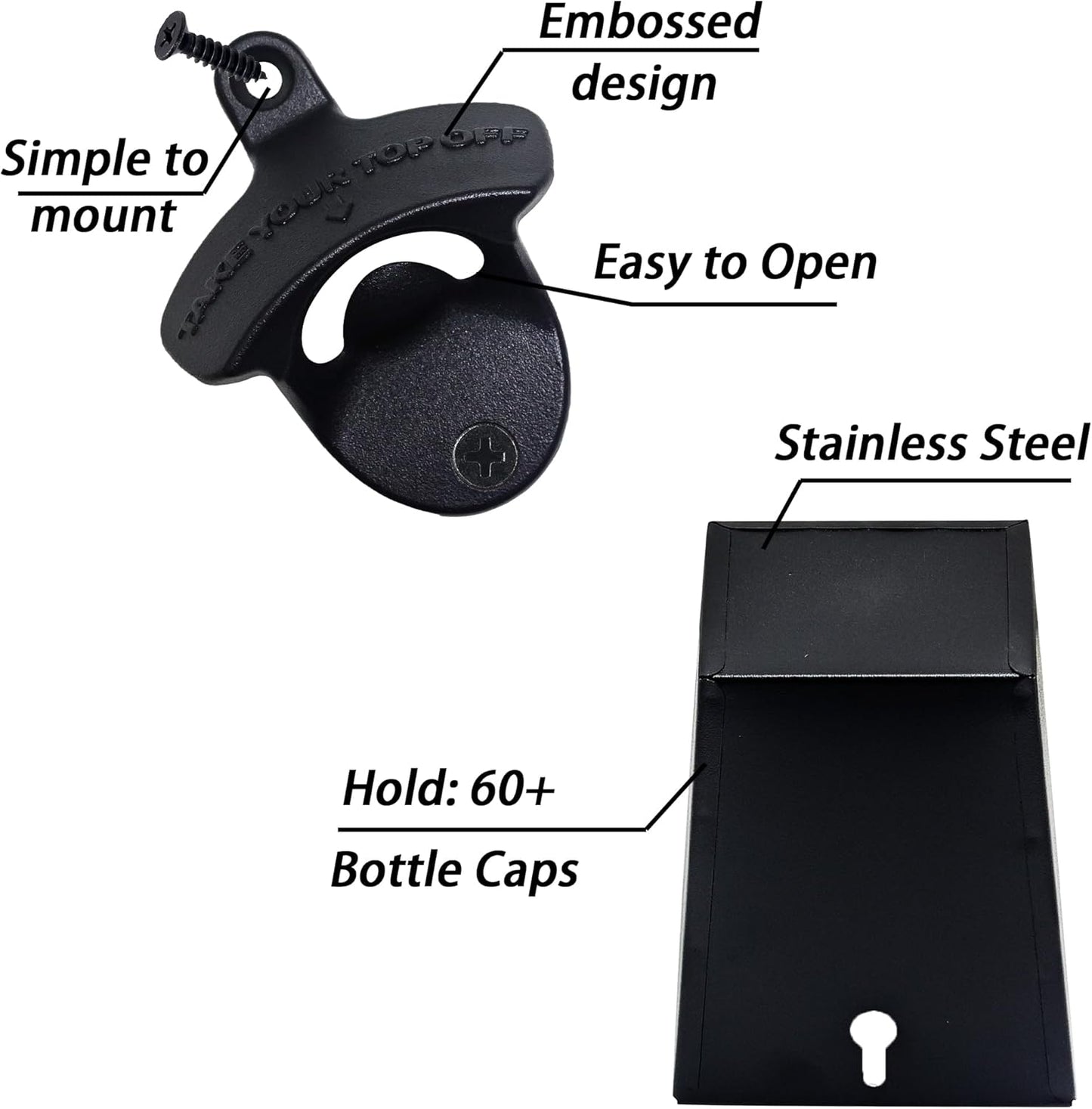 Black Beer Opener Wall Mounted Take Your Bottle Top Off Bottle Opener with Cap Catcher Gifts