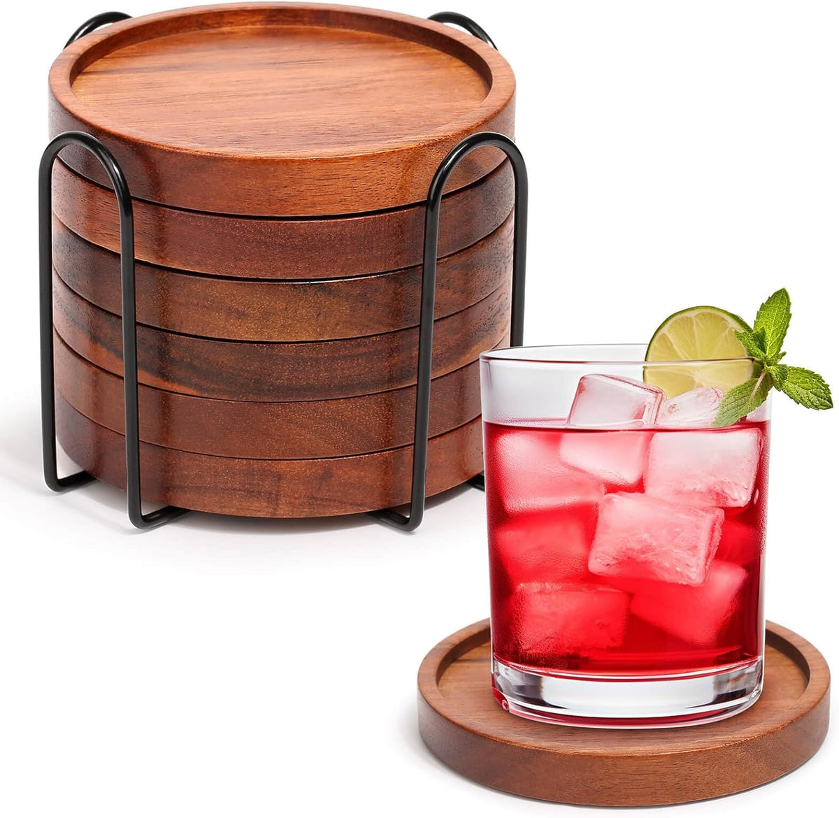 4 Pcs Acacia Coasters for Drinks Absorbent, Wood Coasters with Holder, Drink Coasters for Coffee Table, Absorbent Coaster Set for Table Protection Drink Coasters for Farmhouse, Office, Bar - Set of 6