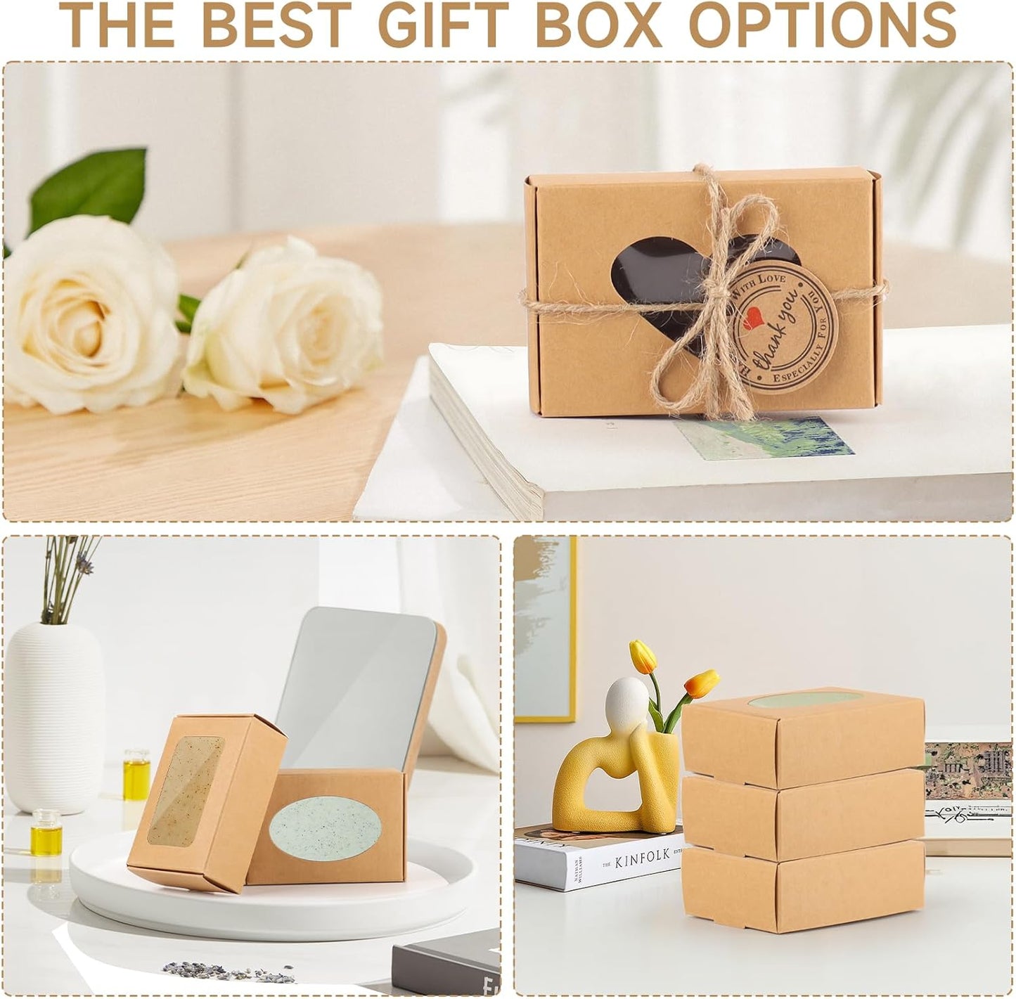 RYKOMO 60 PCS Kraft Soap Boxes with Window - Mini Soap Gift Boxes for Homemade Bakery, Candy, Cookies Packaging - 3.55 x 2.4 x 1.2 Inch